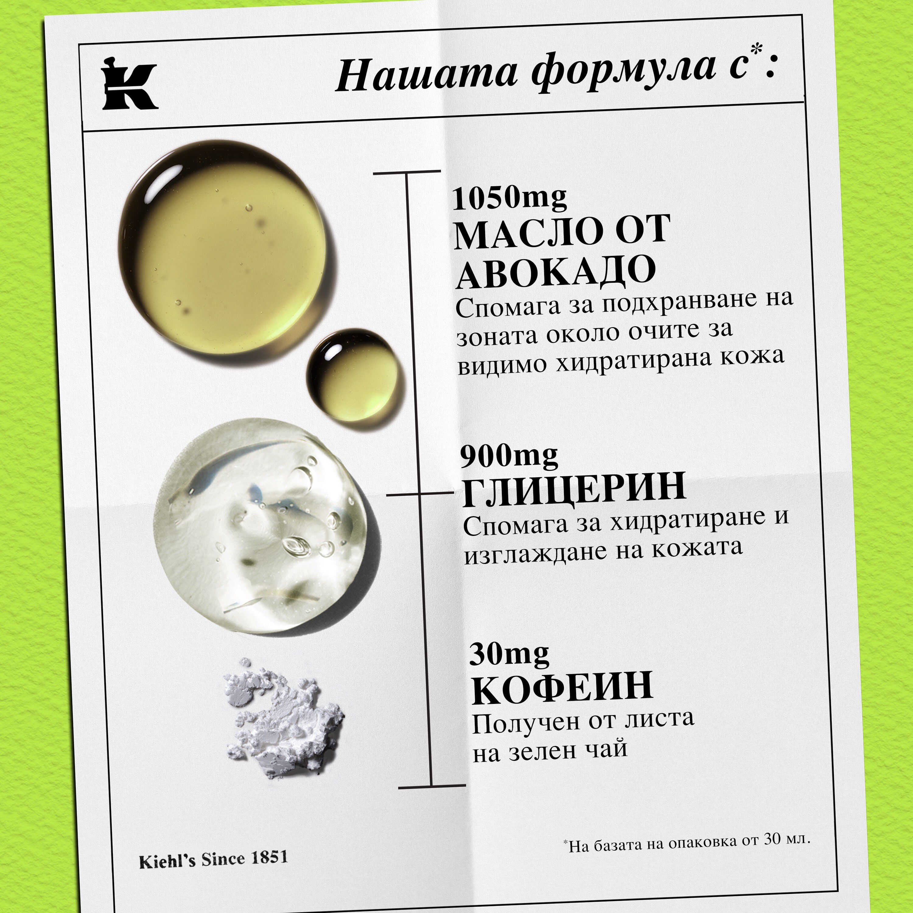 Снимка на текстурата на продукта с икони - намалява подпухналостта на очите и е подходящ за всеки тип кожа