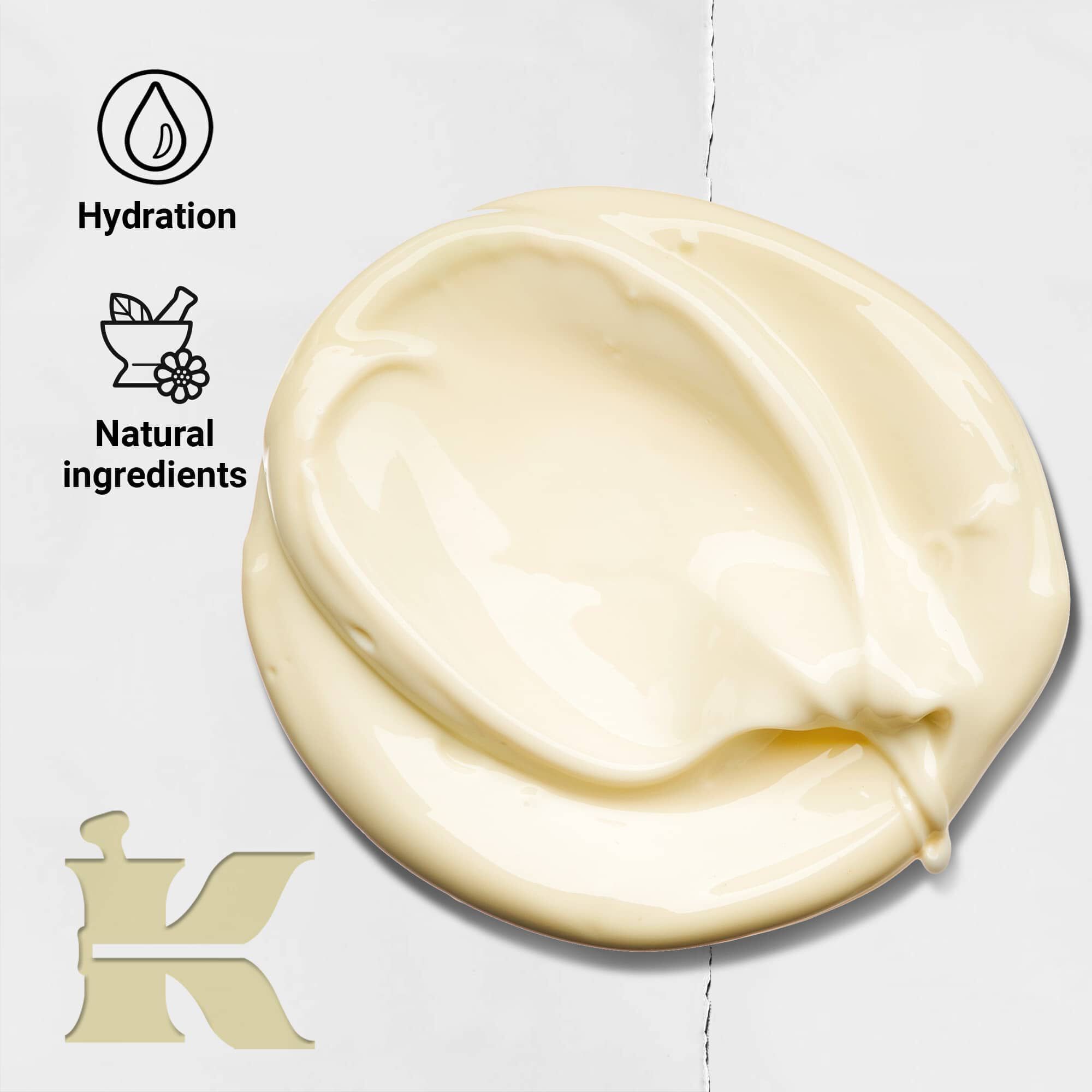 Снимка на текстурата на Creme de Corps с икони, показващи, че предлага хидратация и съдържа естествени съставки
