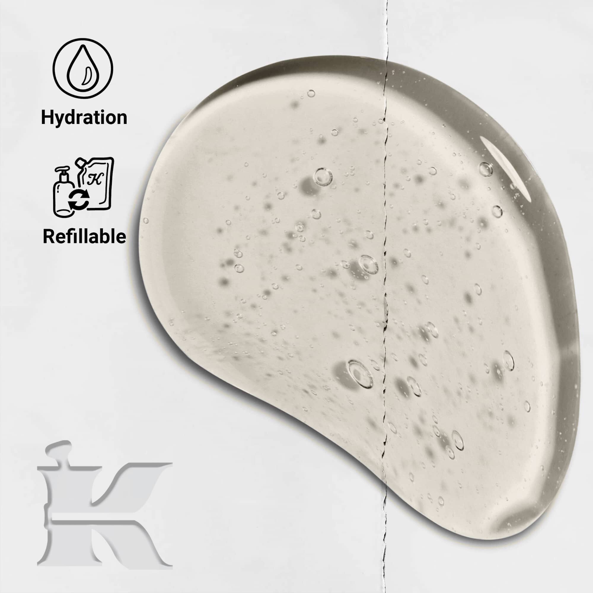 Снимка на текстурата на Amino Acid Shampoo с икони, показващи, че може да се презарежда и осигурява хидратация