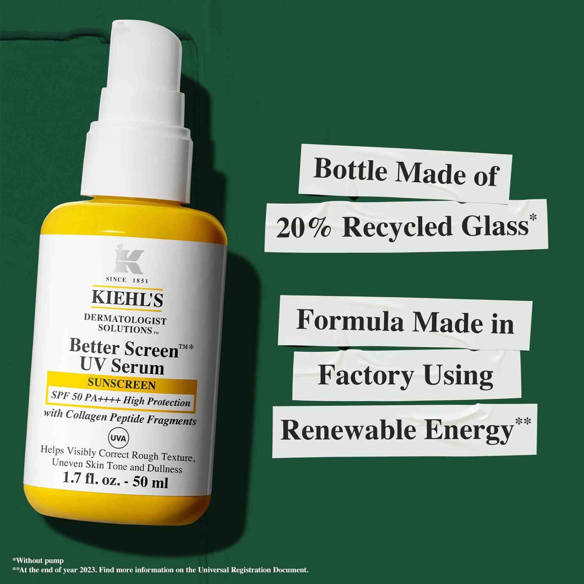 Kiehl's Better Screen UV Serum, SPF 50, в бутилка, направена от 20% рециклирано стъкло, устойчиво произведено с възобновяема енергия