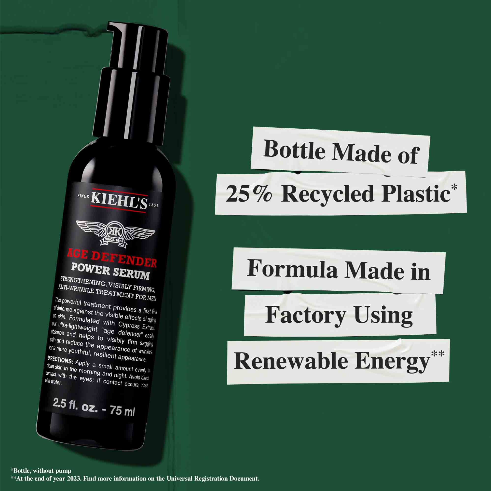 Бутилка на Age Defender Power Serum, изработена от 25% рециклирана пластмаса; формула, произведена с възобновяема енергия.