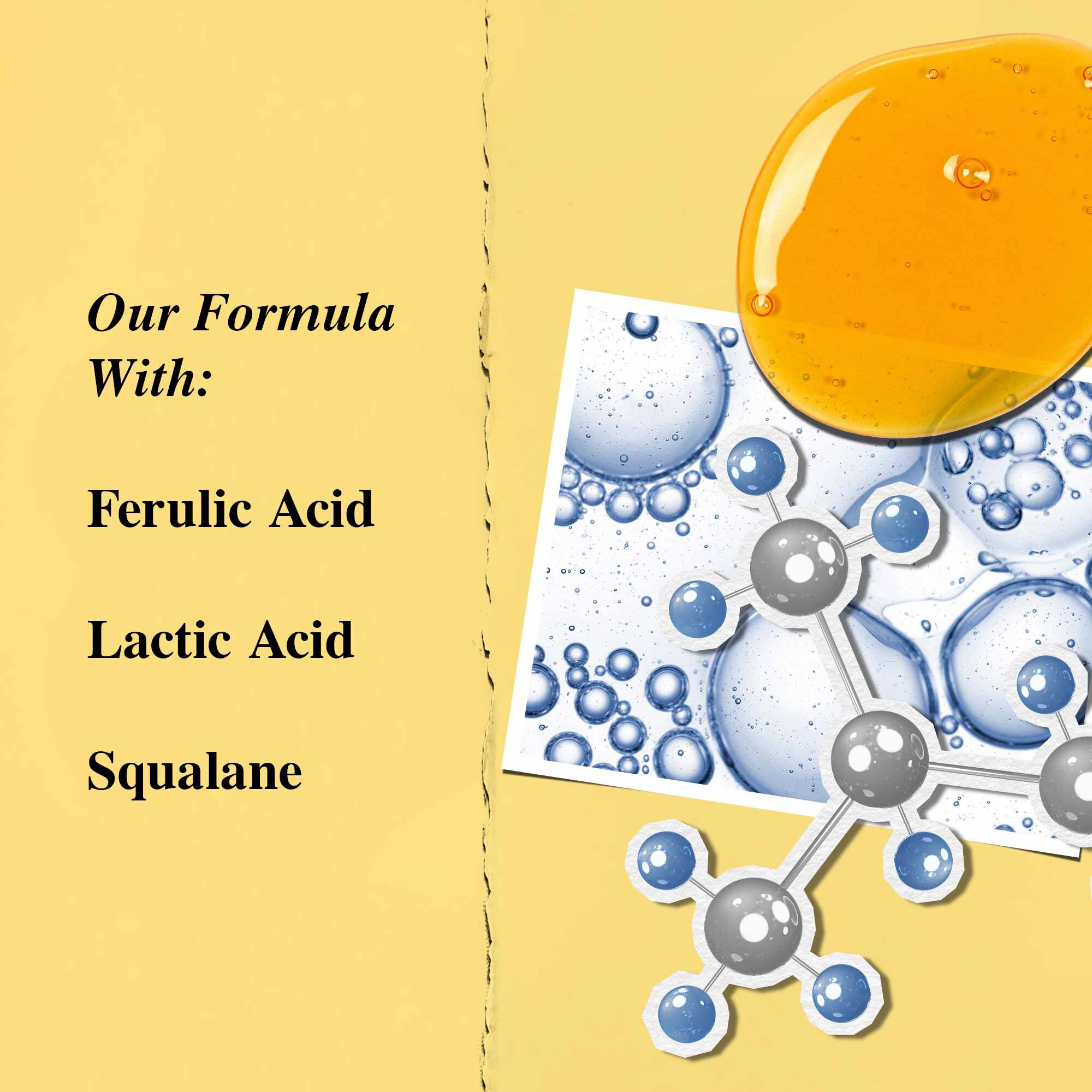 Ferulic Brew Facial Essence key ingredients ferulic Acid, Lactic Acid, and Squalane  