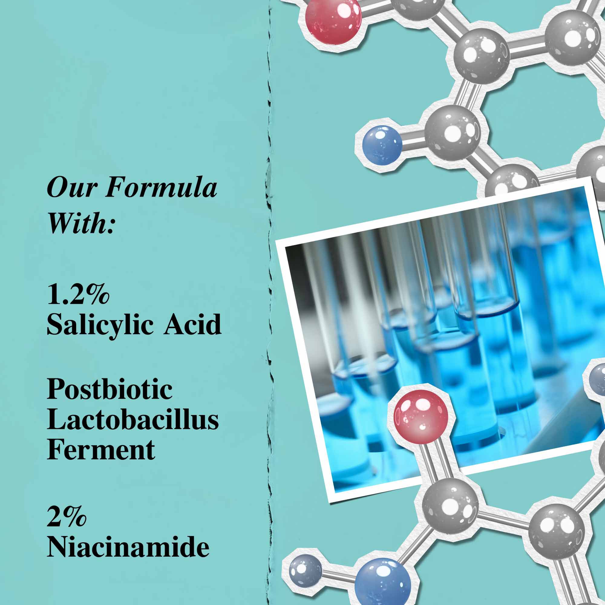 Графика, подчертаваща ключовите съставки на Expertly Clear Blemish-Treating & Preventing Lotion, включително салицилова киселина, постбиотичен фермент от лактобацилус и ниацинамид.