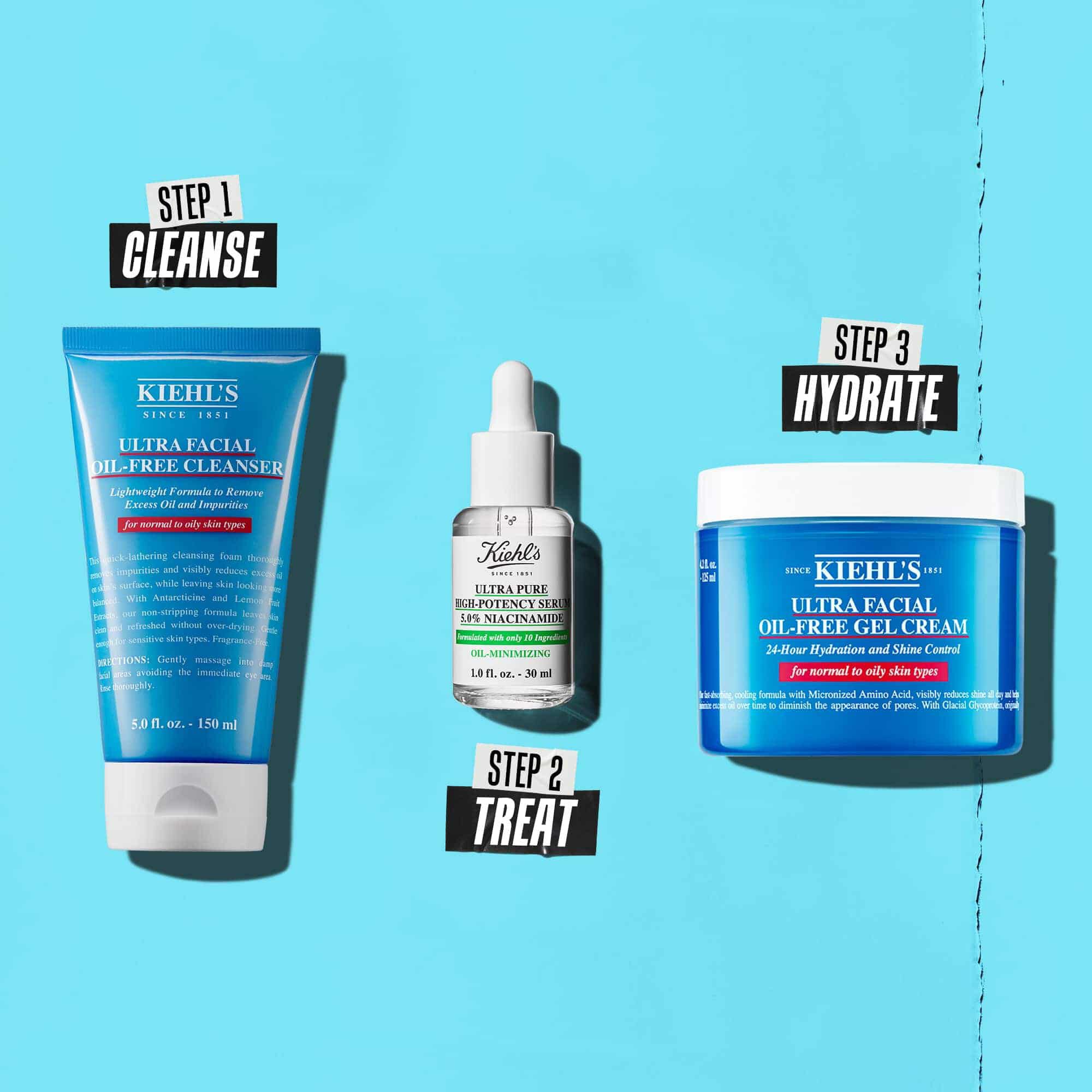 Рутина в три стъпки с продукти на Kiehl's. Стъпка 1: Ultra Facial Oil-Free Cleanser. Стъпка 2: Серум с ниацинамид. Стъпка 3: Ultra Facial Oil-Free Gel Cream.
