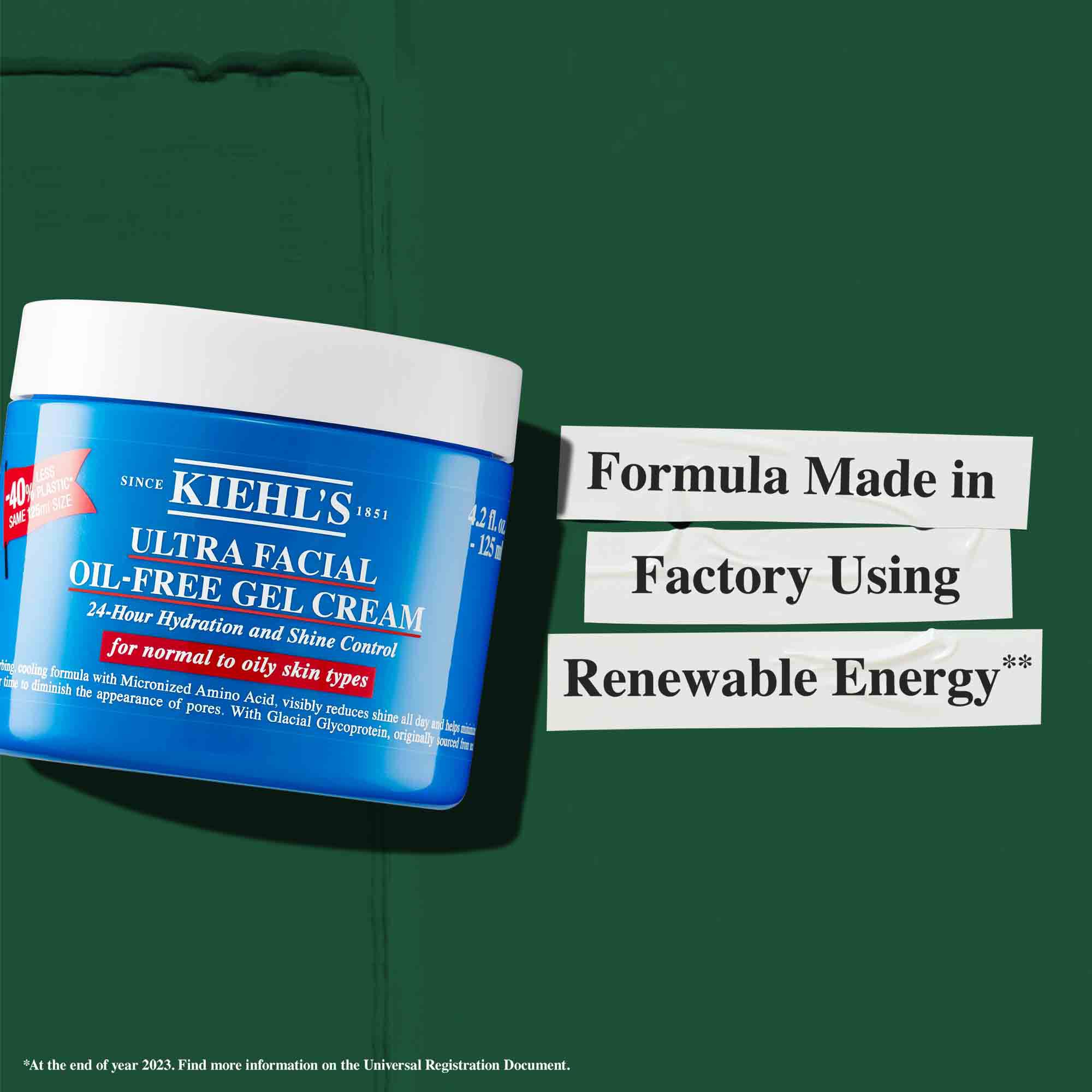 Бурканче Ultra Facial Oil-Free Gel Cream с текст „Формула, произведена в завод, използващ възобновяема енергия.“