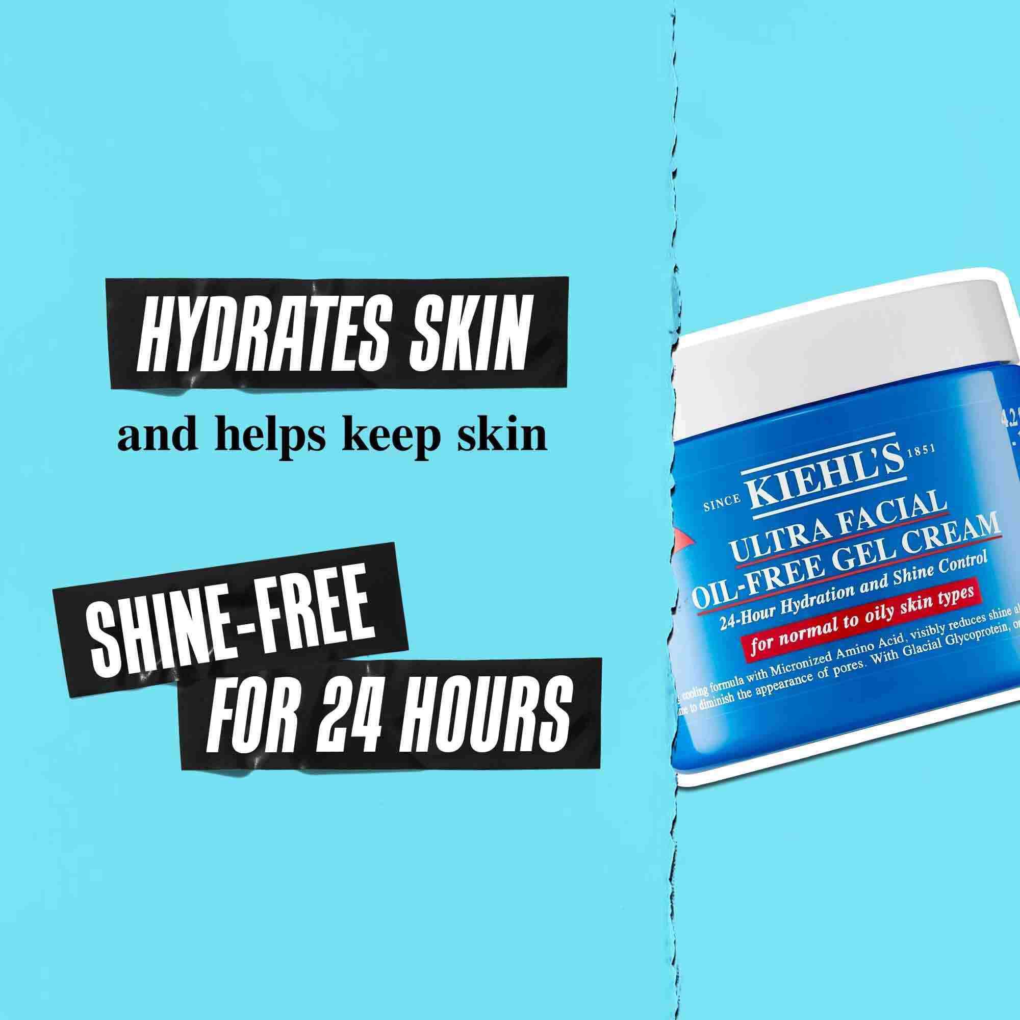 Бурканче Ultra Facial Oil-Free Gel Cream на син фон с текст: „Хидратира кожата и помага да се запази без лъщене за 24 часа.“