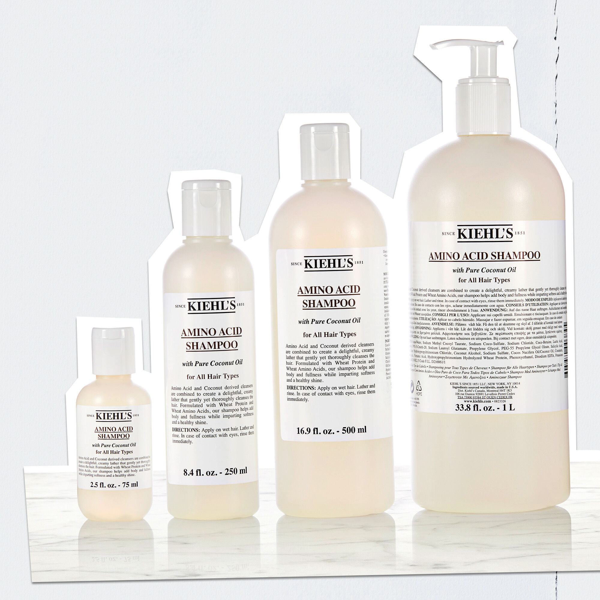Гама от бутилки Kiehl's Amino Acid Shampoo в различни размери