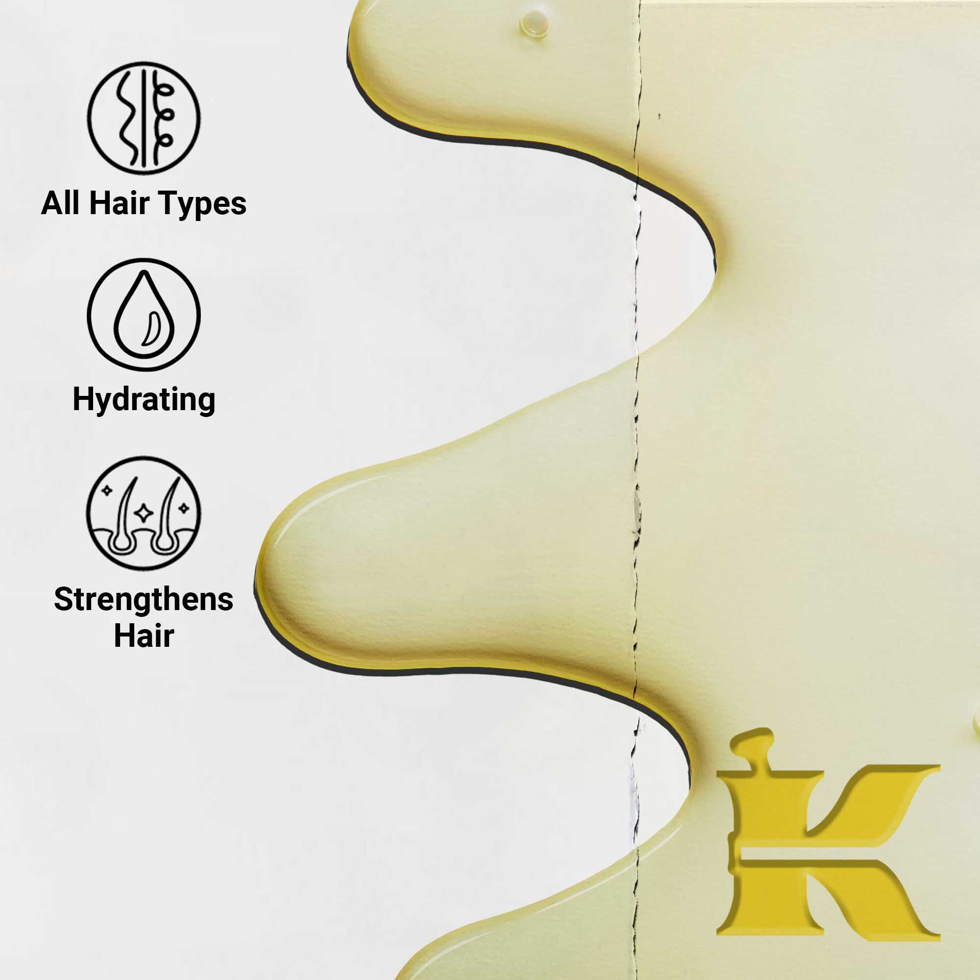 Близък план на натривка от текстурата на Magic Elixir Hair Oil. Текстът подчертава, че е хидратиращо, леко и създадено да подобри текстурата на косата за всички типове коса.