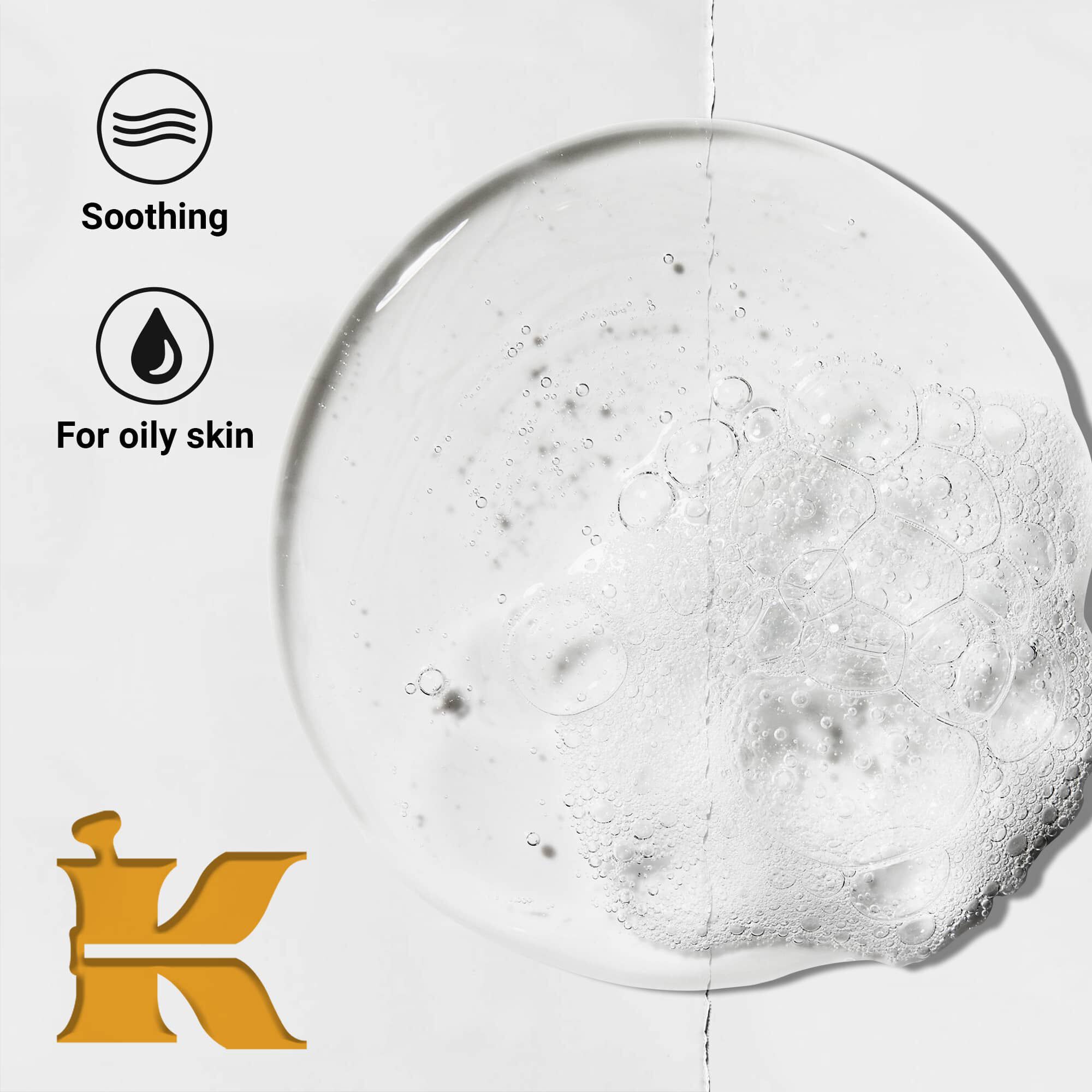 Снимка на текстурата с икони, показващи, че продуктът е успокояващ и формулиран за мазна кожа