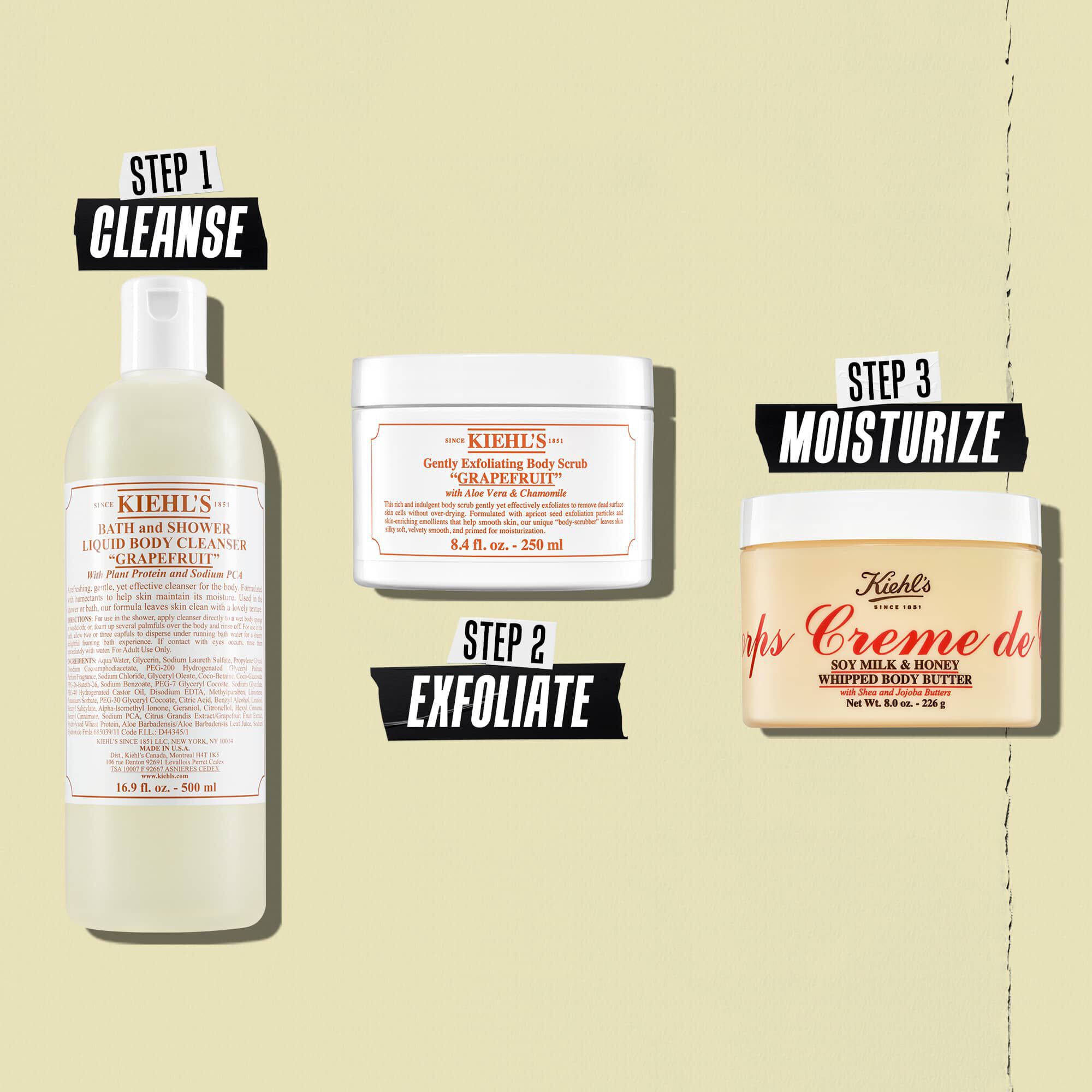 Илюстрация на рутина с крем за тяло Creme de Corps Whipped Butter – почистване, ексфолиране, хидратация