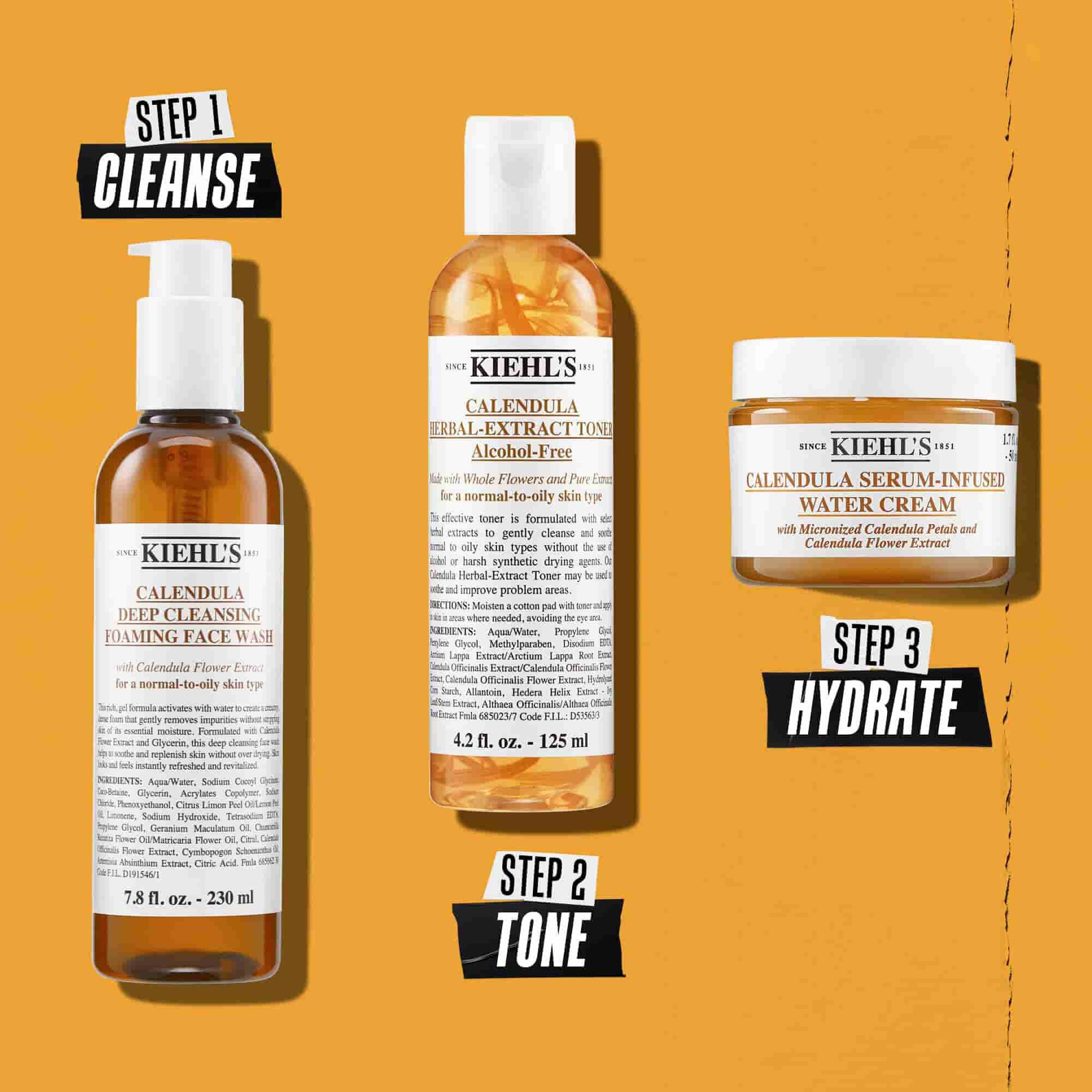 Илюстрация на рутина с гел за лице с невен Kiehl's – почистване, тонизиране, хидратация