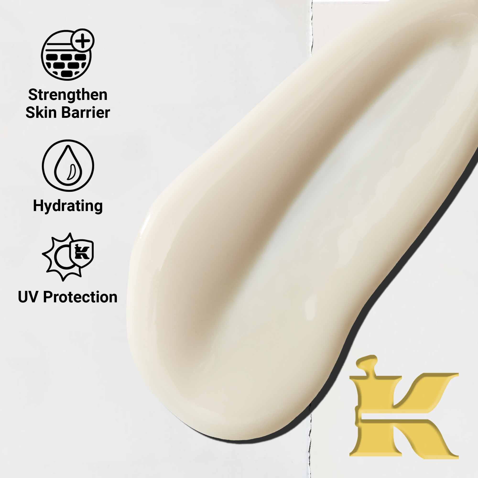 Близък план на текстурата на Ultra-Light Daily UV Defense. Текстът подчертава неговата лека, хидратираща и широкоспектърна UV защита.