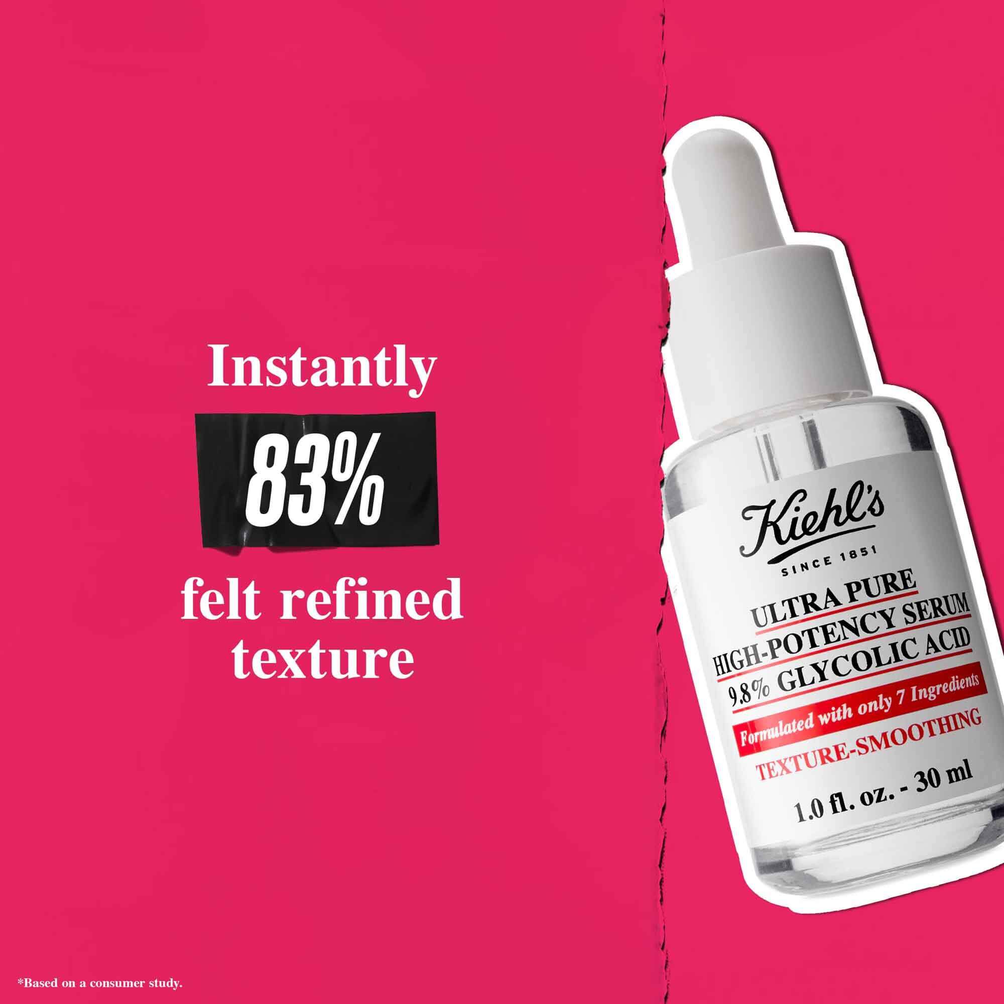 Бутилка Ultra Pure 9.8% Glycolic Acid Serum на розов фон с текст: „Незабавно 83% усещат подобрена текстура.“