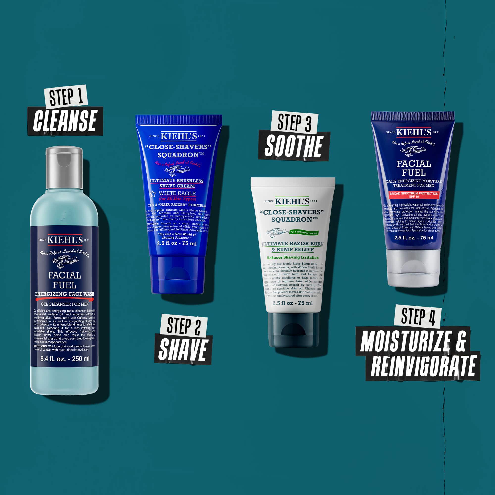 Четири продукта на Kiehl’s за мъжка грижа за кожата: Почистване, Бръснене, Успокояване и Хидратация/Ободряване