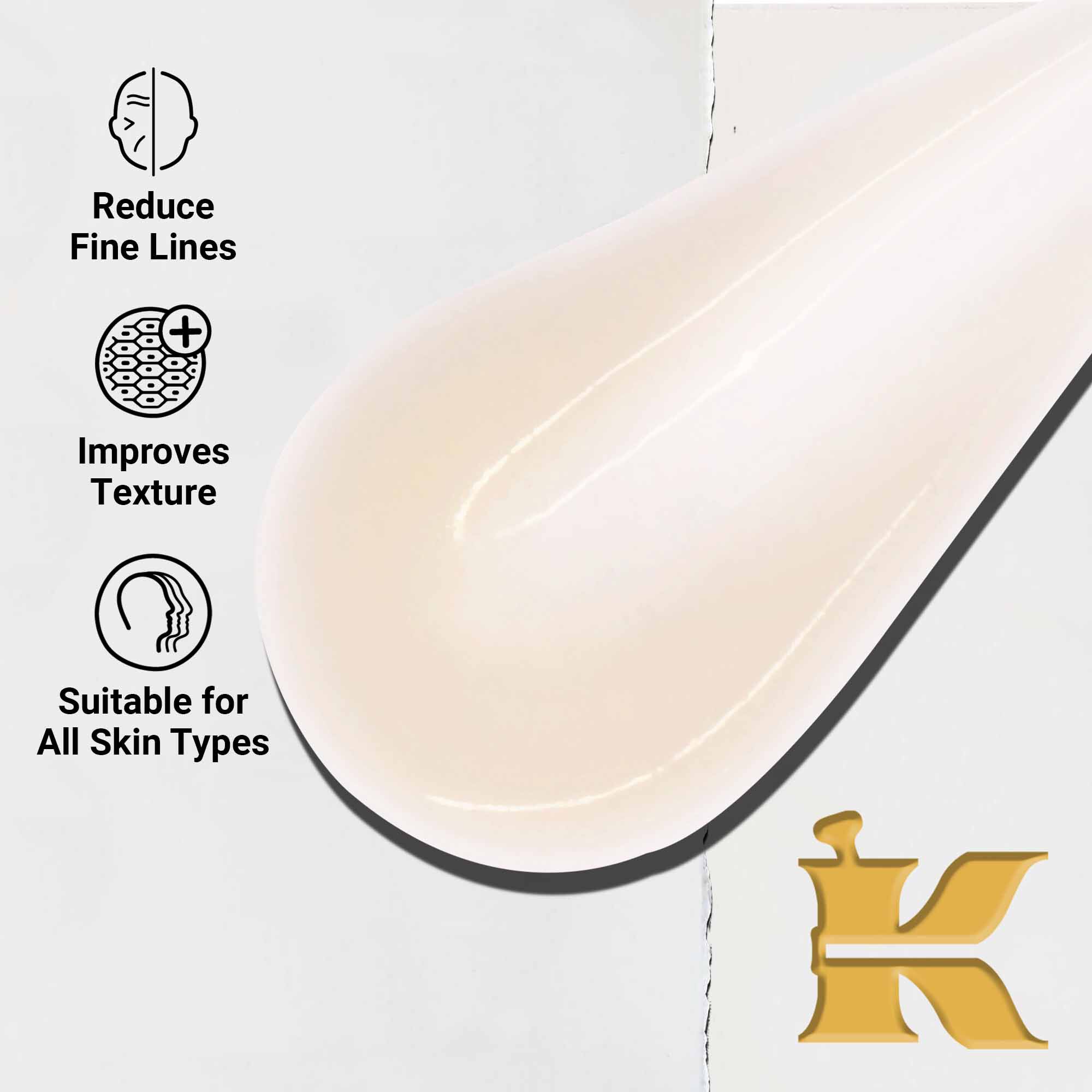 Близък план на натривка от текстурата на Powerful-Strength Line-Reducing Concentrate. Текстът подчертава способността му да намалява фините линии, да подобрява текстурата и пригодността му за всички типове кожа.