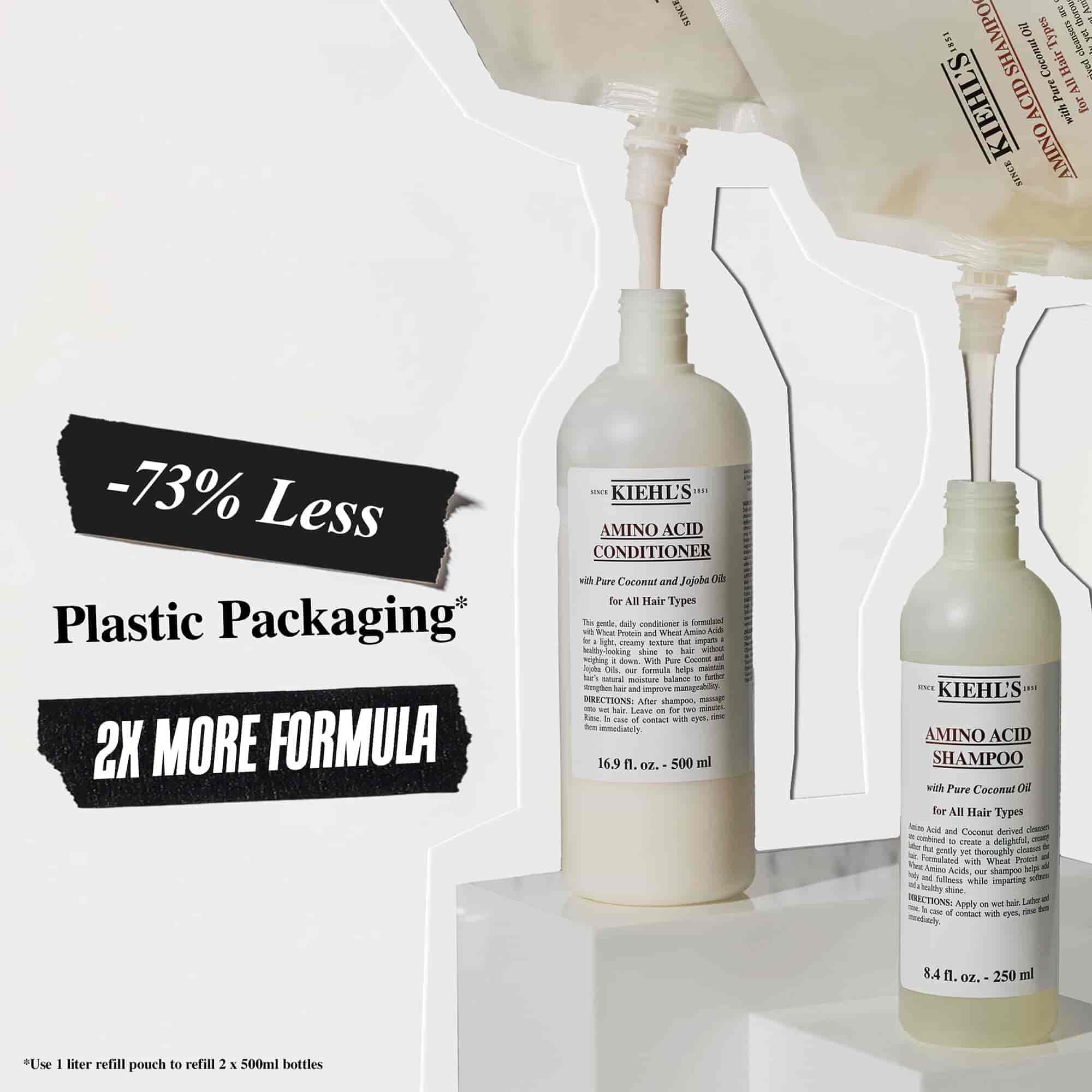 73% по-малко пластмасова опаковка и 2 пъти повече формула с торбичката Kiehl's Amino Acid Conditioner