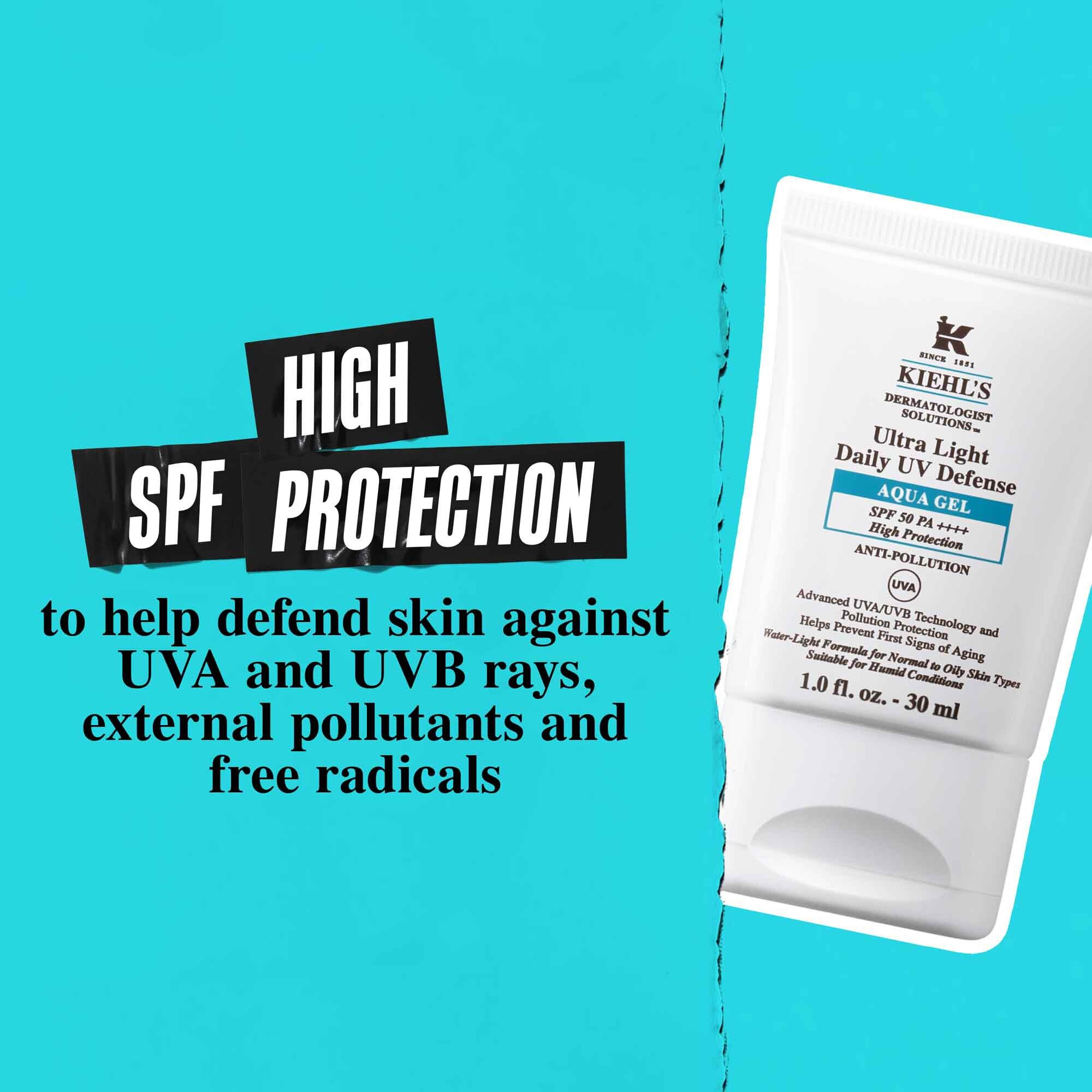 Туба Ultra Light Daily UV Defense Aqua Gel на син фон с текст: „Висока SPF защита, която помага за защита на кожата от UVA и UVB лъчи, външни замърсители и свободни радикали.“
