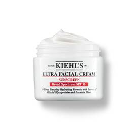 Бурканче от 125 мл Kiehl's Ultra Facial Cream SPF 30 с разбита текстура на бял фон.