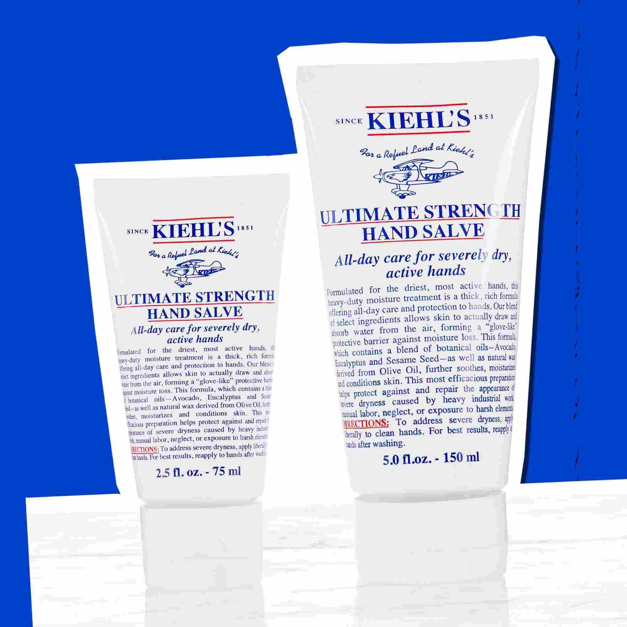 Две тубички Kiehl's Ultimate Strength Hand Salve, илюстриращи наличните размери