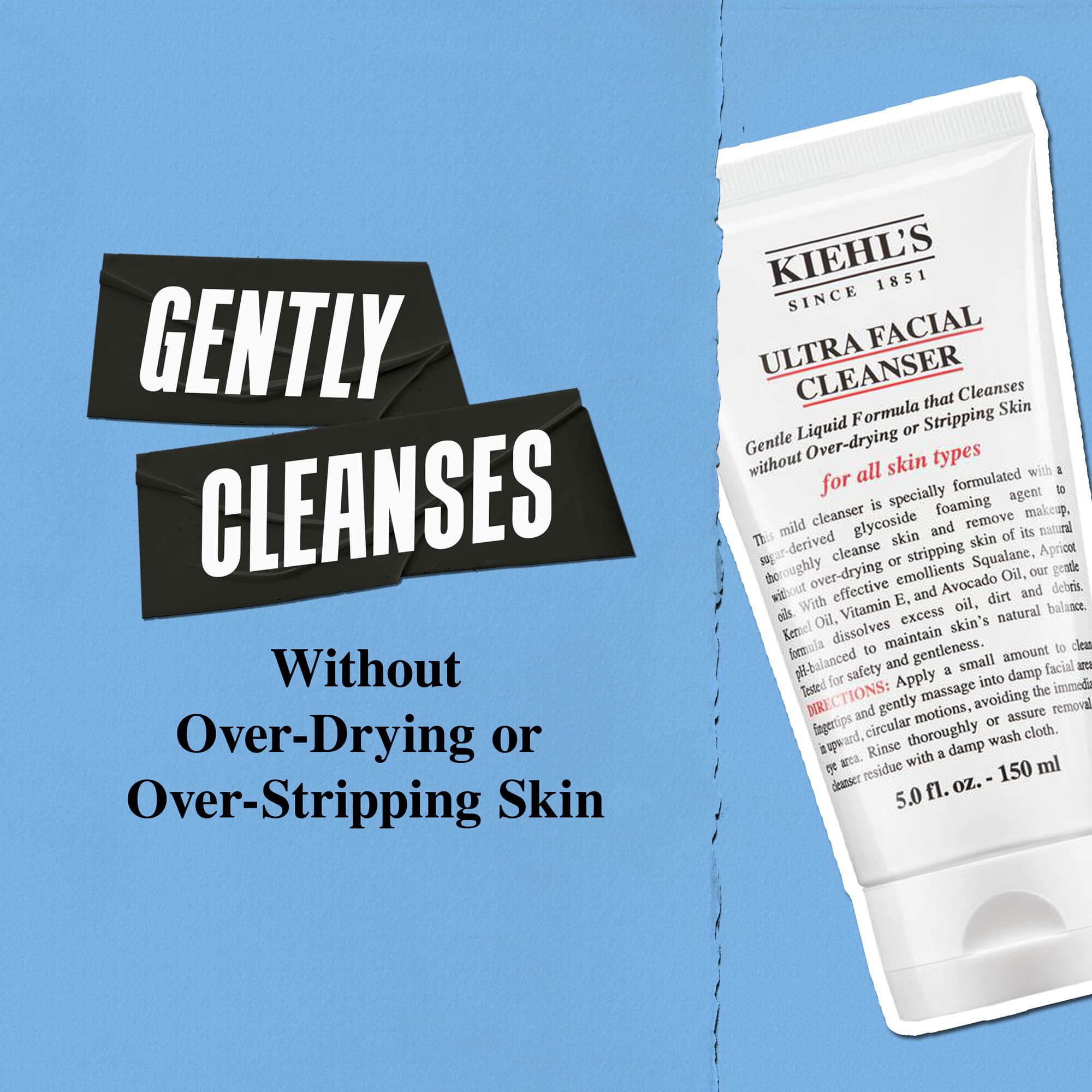 Kiehl's Ultra Facial Cleanser нежно почиства, без да изсушава прекомерно или да лишава кожата от естествената ѝ бариера