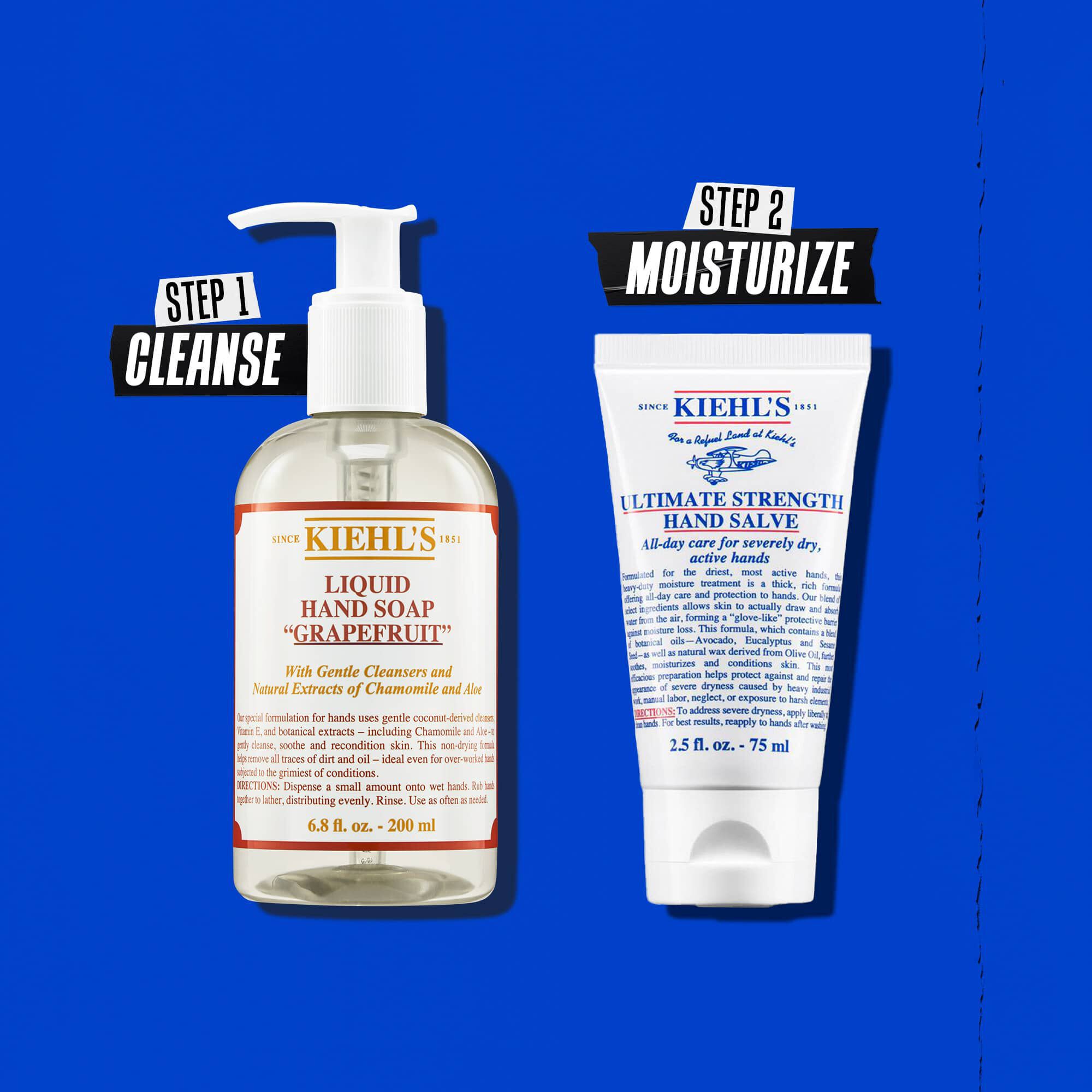 Илюстрация на рутина с Kiehl's Ultimate Strength Hand Salve – почистване, хидратация