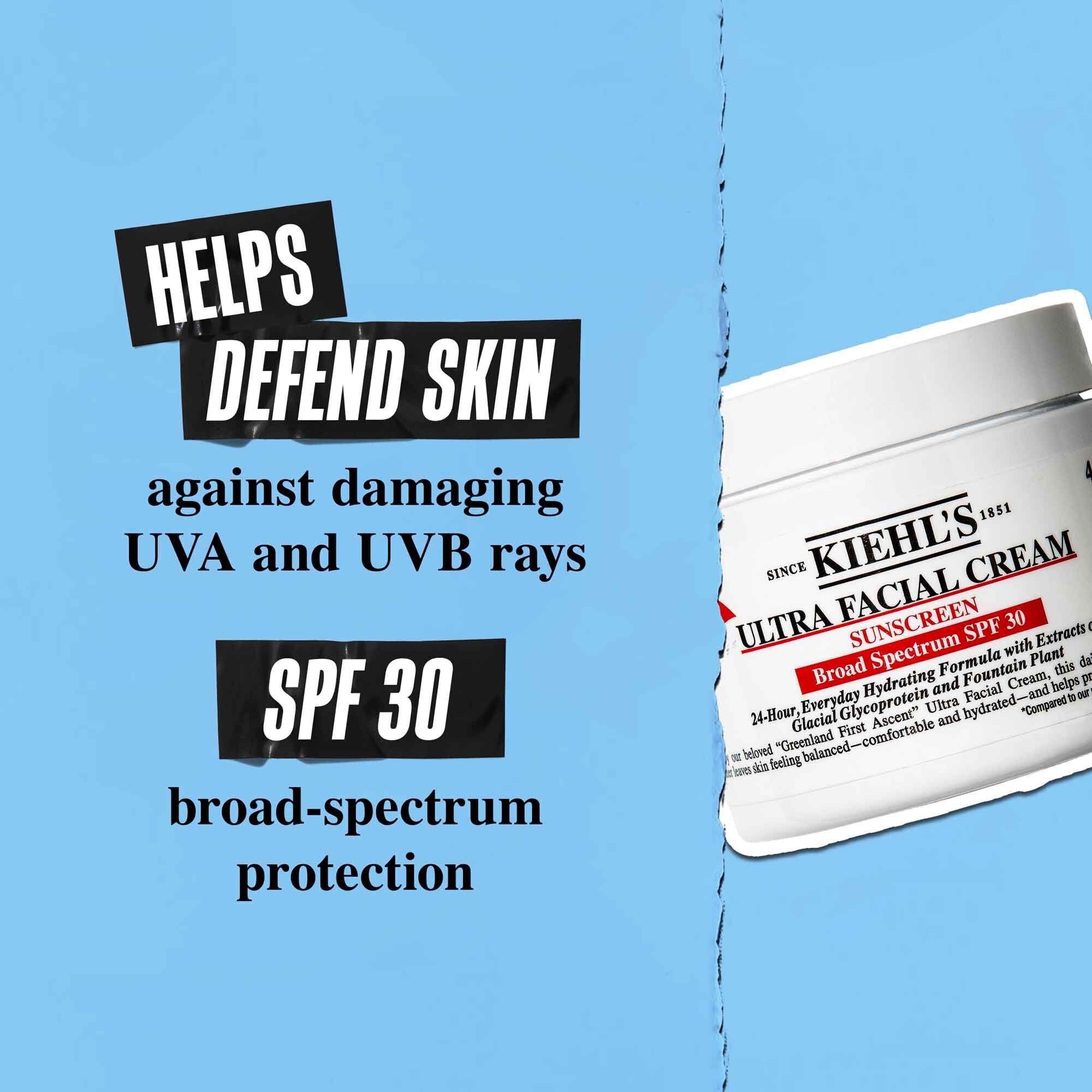 Бурканче Ultra Facial Cream SPF 30 на син фон с текст: „Помага за защита на кожата от вредните UVA и UVB лъчи. SPF 30 широкоспектърна защита.“