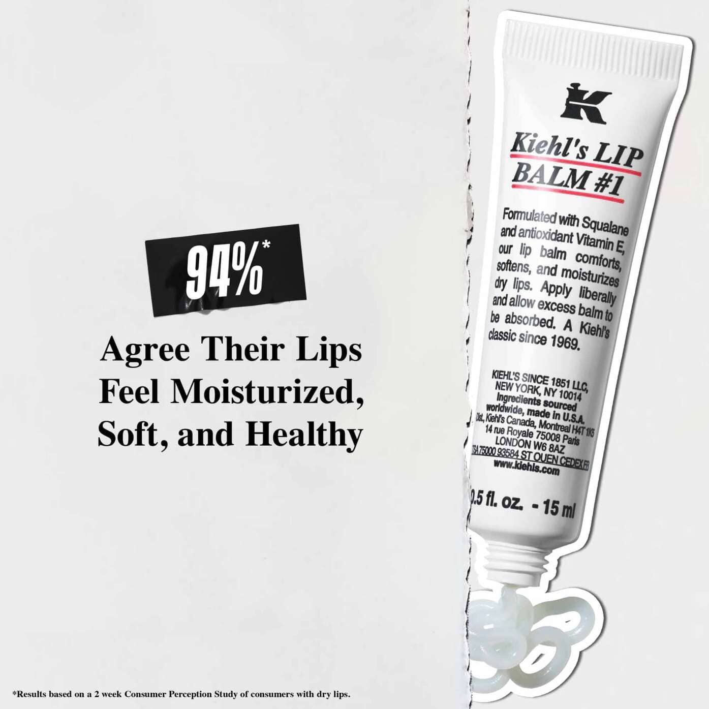 Тубичка Lip Balm #1 на бял фон с текст: „94% са съгласни, че устните им се чувстват хидратирани, меки и здрави.“