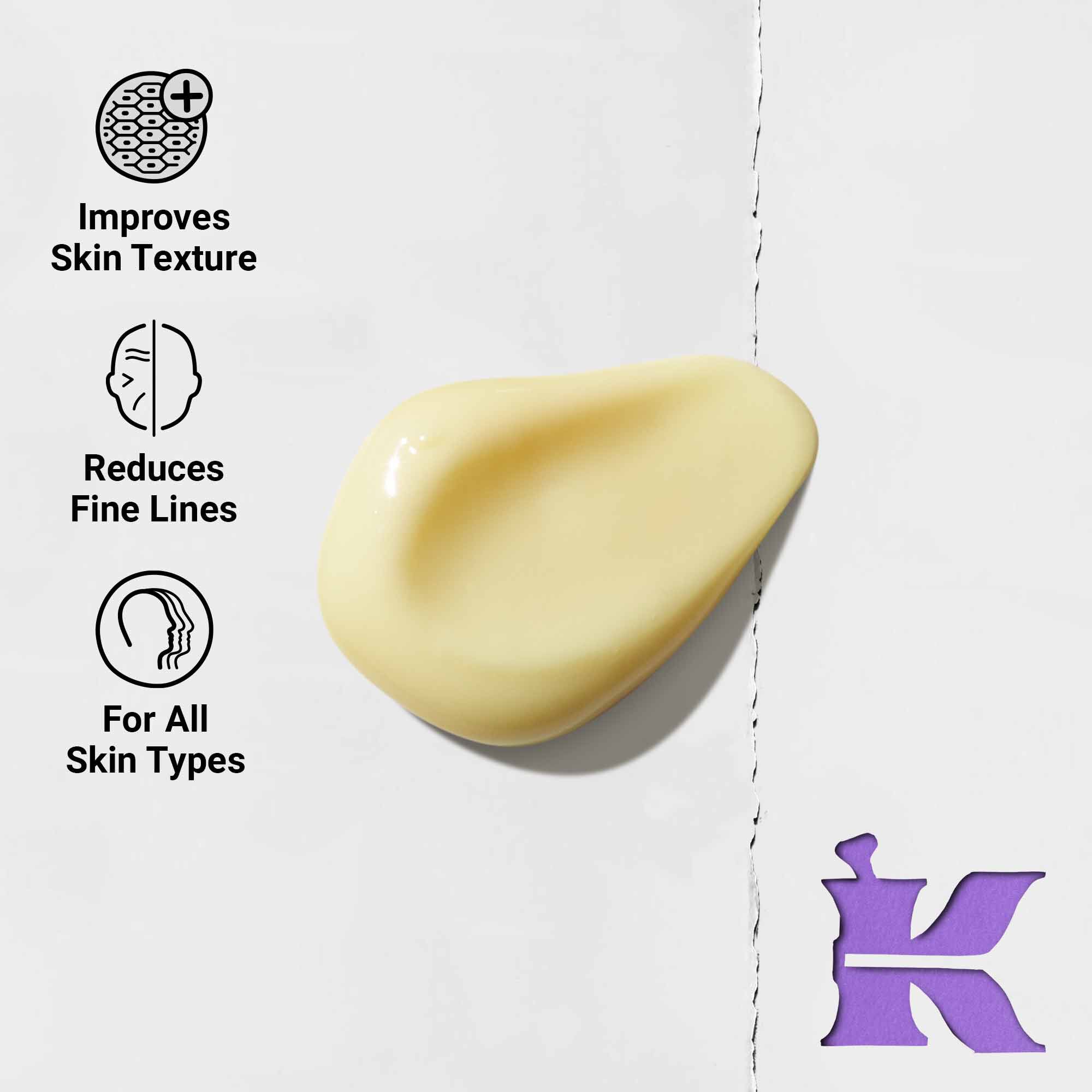 Снимка на текстурата с икони, показващи, че намалява фините линии и е формулиран за всеки тип кожа