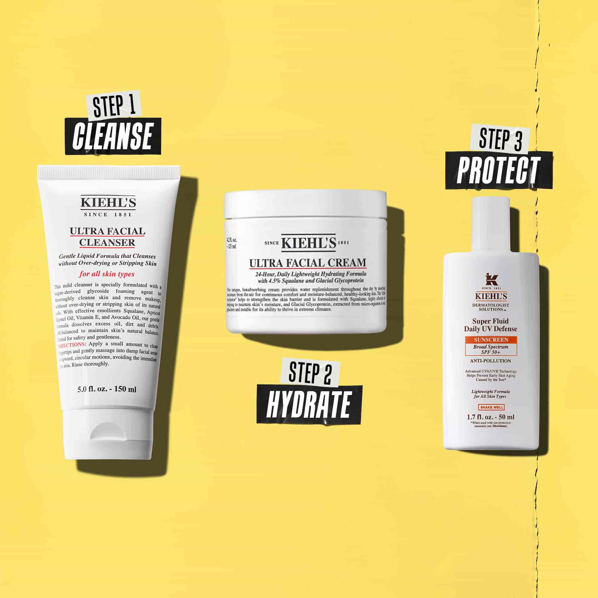Три продукта на Kiehl's, представляващи рутина. От ляво на дясно: почистващ продукт, хидратант и слънцезащитен крем.