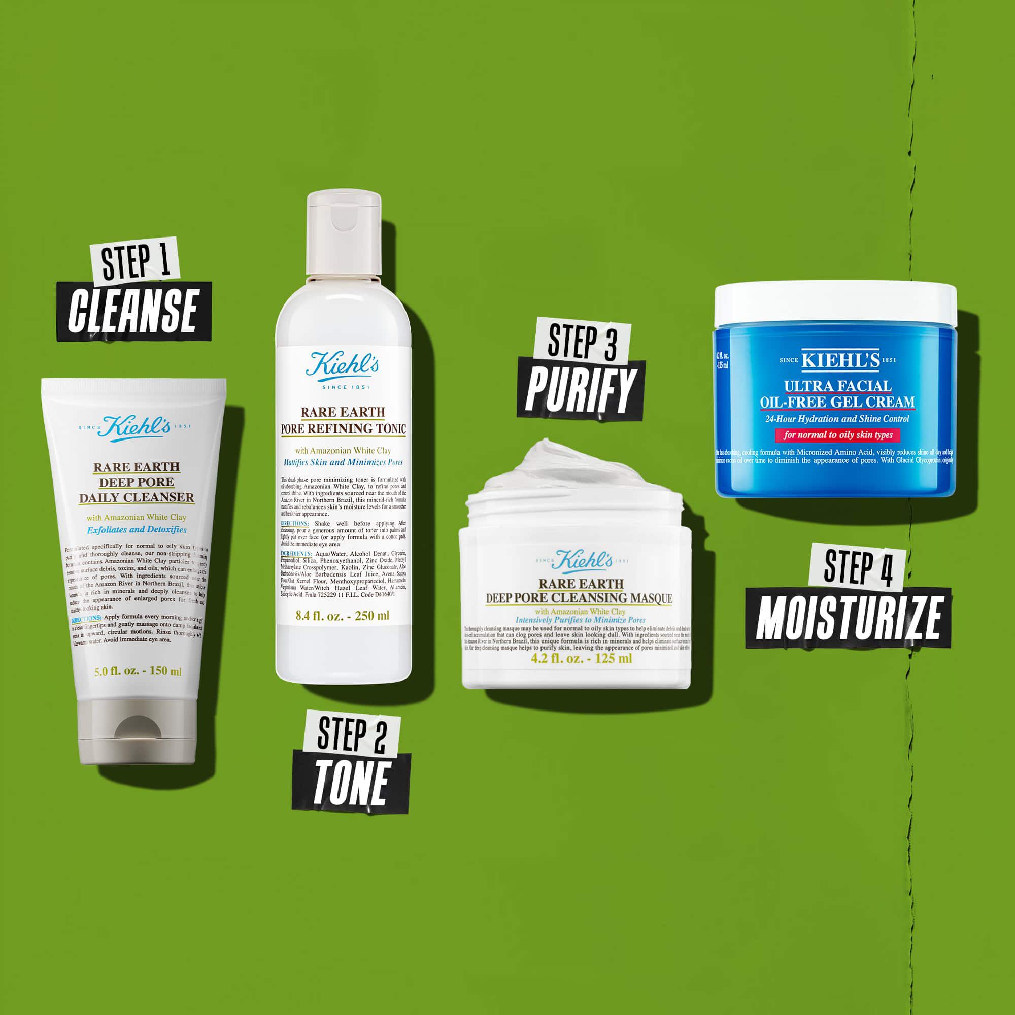 Четири продукта на Kiehl's, представляващи рутина за грижа за кожата. От ляво на дясно: Rare Earth Deep Pore Cleanser, Rare Earth Pore Minimizing Lotion, Rare Earth Pore Cleansing Masque и Ultra Facial Oil-Free Gel Cream.