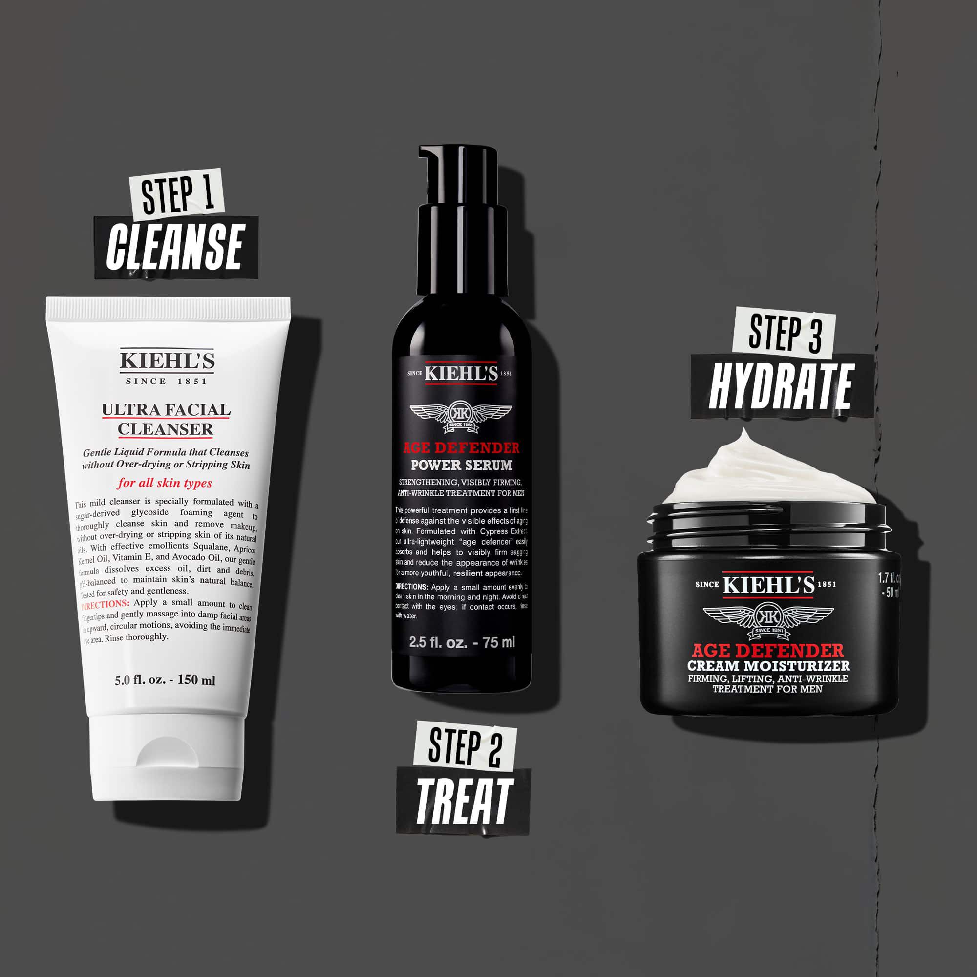 Рутина Age Defender в три стъпки: 1: Грижа за очите. 2: Хидратиращ серум. 3: Възстановяващ крем.