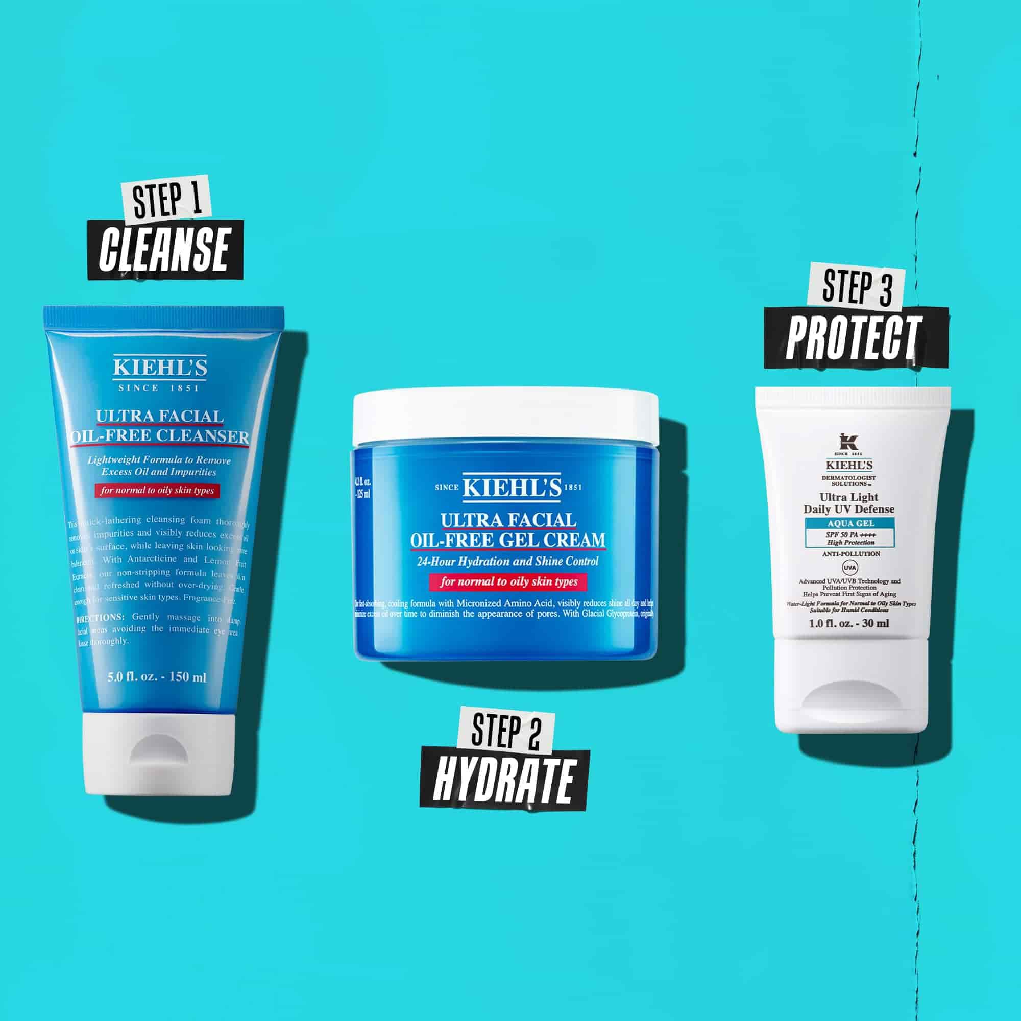 Рутина в три стъпки с продукти на Kiehl's. Стъпка 1: Ultra Facial Oil-Free Cleanser. Стъпка 2: Ultra Facial Oil-Free Gel Cream. Стъпка 3: Ultra Light Daily UV Defense Aqua Gel.