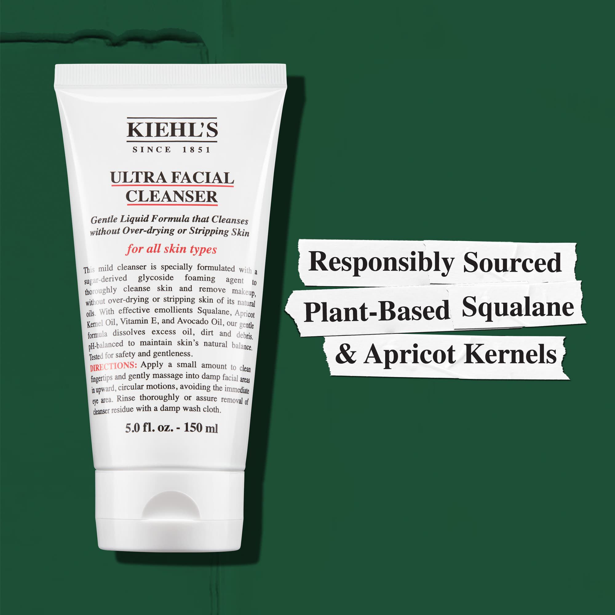 Kiehl's Ultra Facial Cleanser съдържа отговорно добити растителен сквалан и кайсиеви ядки