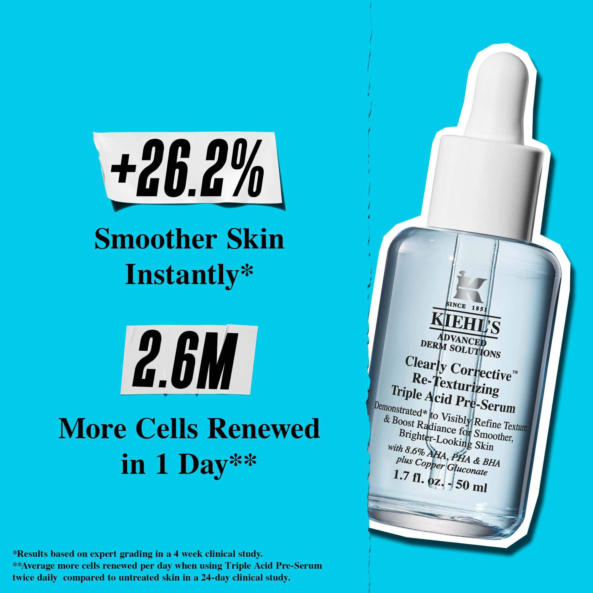 Бутилка Clearly Corrective Triple Acid Peel на син фон с текст: „+41% по-гладка текстура.“