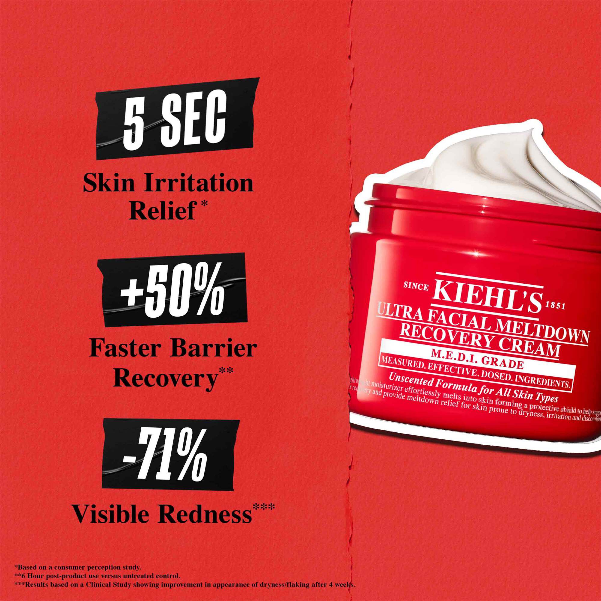Червен фон с буркан крем. Текстът гласи: Облекчаване на кожните раздразнения за 5 сек, +50% по-бързо възстановяване на бариерата и -71% видимо зачервяване.