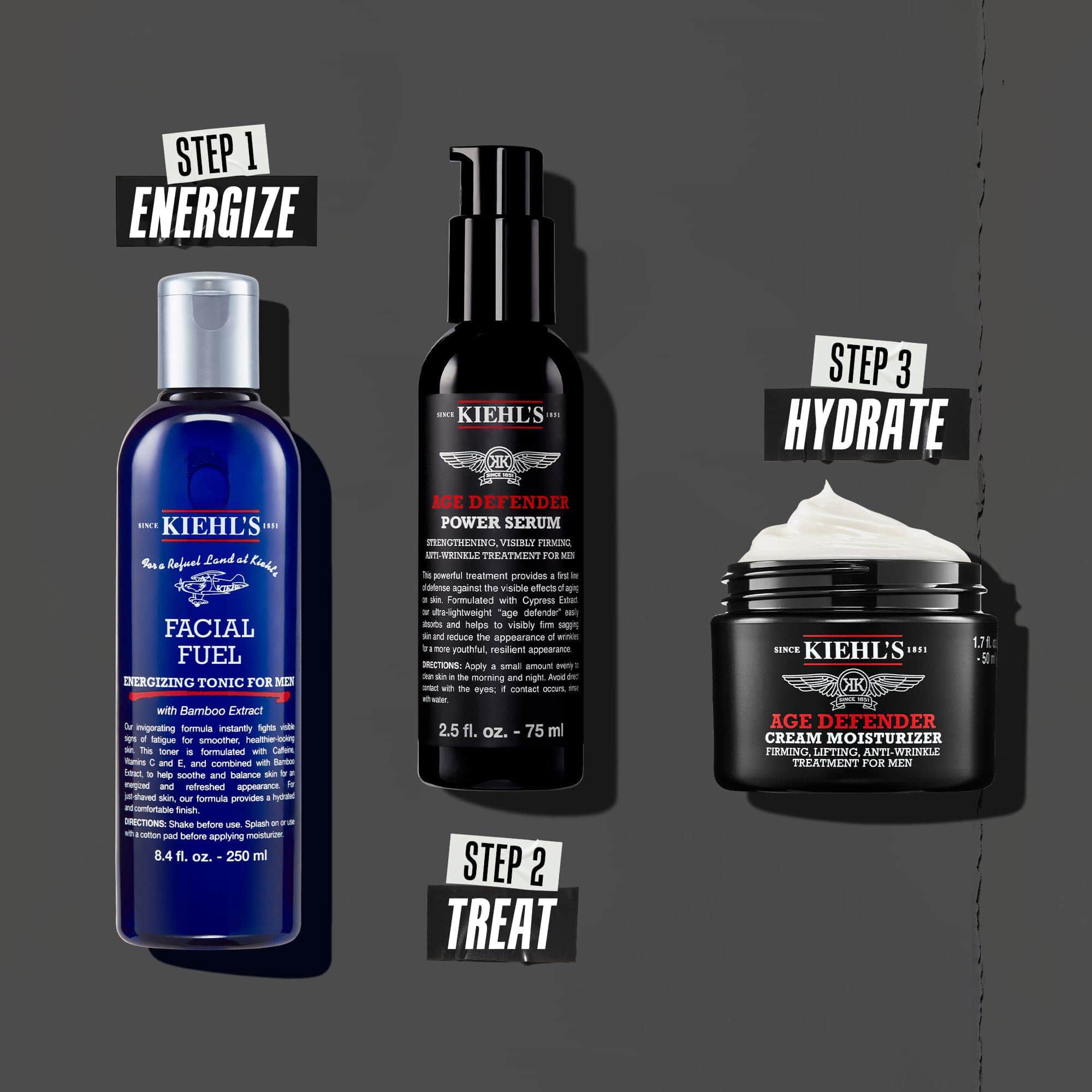 Рутина Age Defender в три стъпки: 1: Грижа за очите. 2: Хидратиращ серум. 3: Възстановяващ крем.