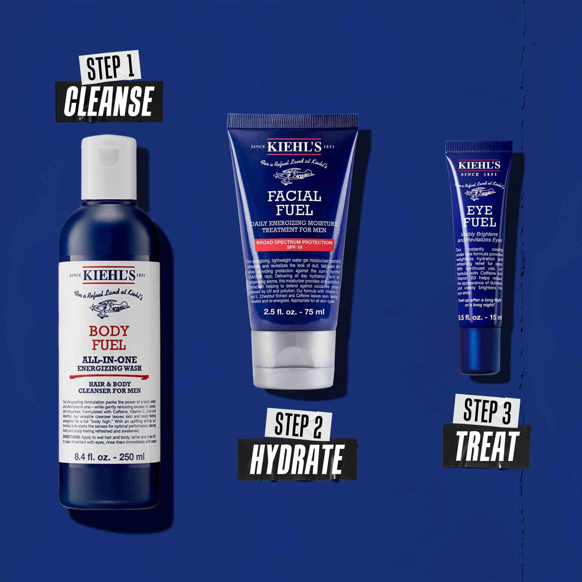 Рутина Body Fuel в три стъпки: 1: Измиване. 2: Хидратация с Facial Fuel Treatment. 3: Околоочен крем Facial Fuel Eye Fuel.