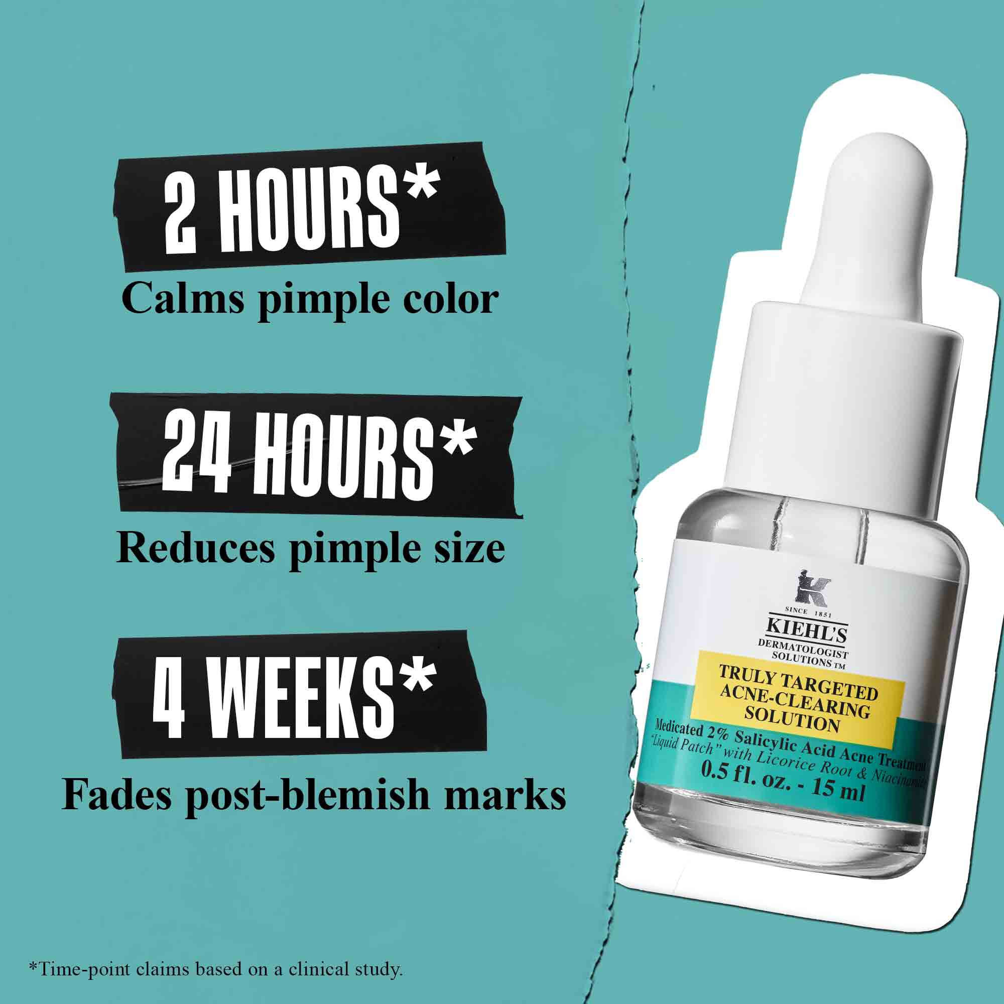 Бутилка Truly-Targeted Blemish-Clearing Solution на зелен фон с текст: "2 часа* Успокоява цвета на пъпката", "24 часа* Намалява размера на пъпката" и "4 седмици* Избледнява следите след несъвършенства".