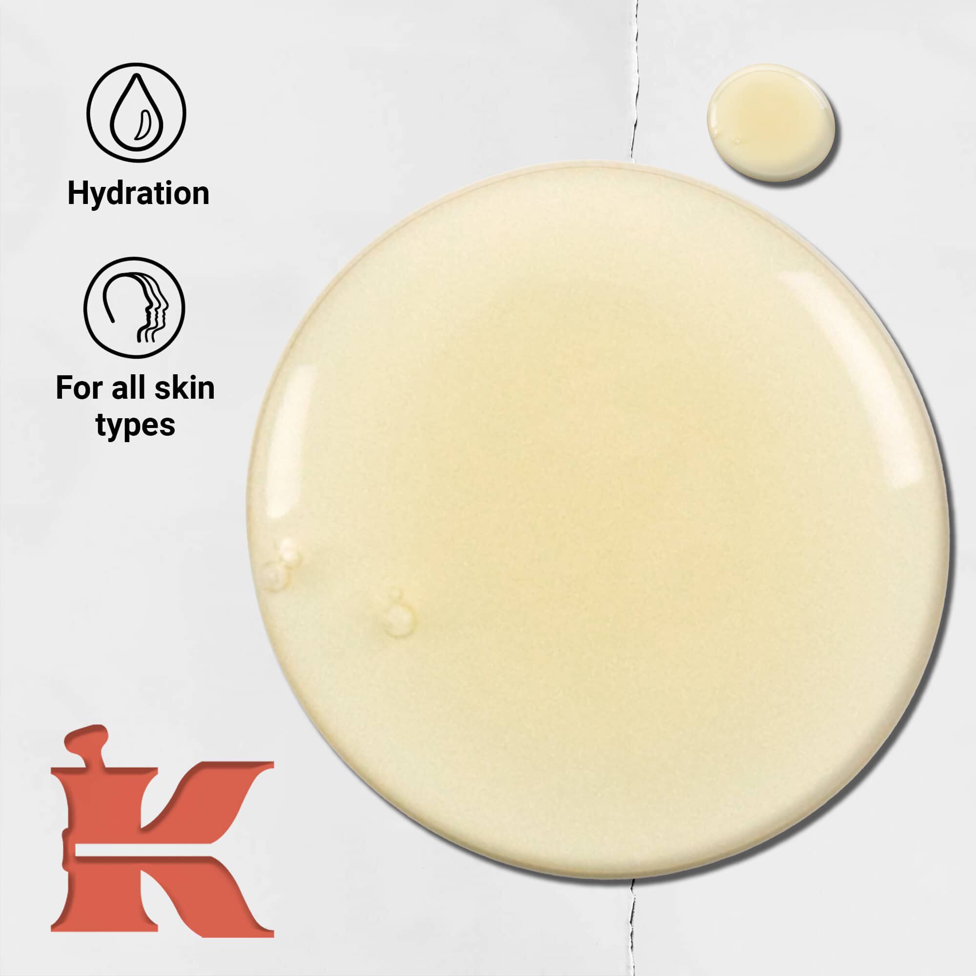 Снимка на текстурата на течен почистващ продукт за тяло с грейпфрут с икони, показващи хидратация и че е за всеки тип кожа