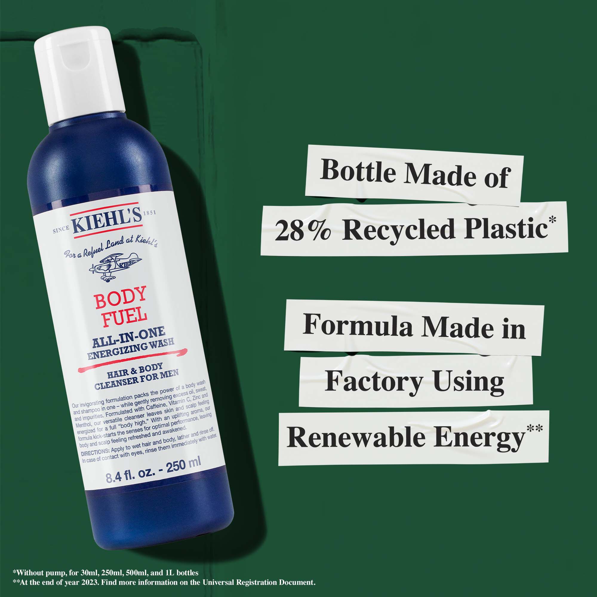 Бутилка на Body Fuel, изработена от 28% рециклирана пластмаса; формула, произведена с възобновяема енергия.