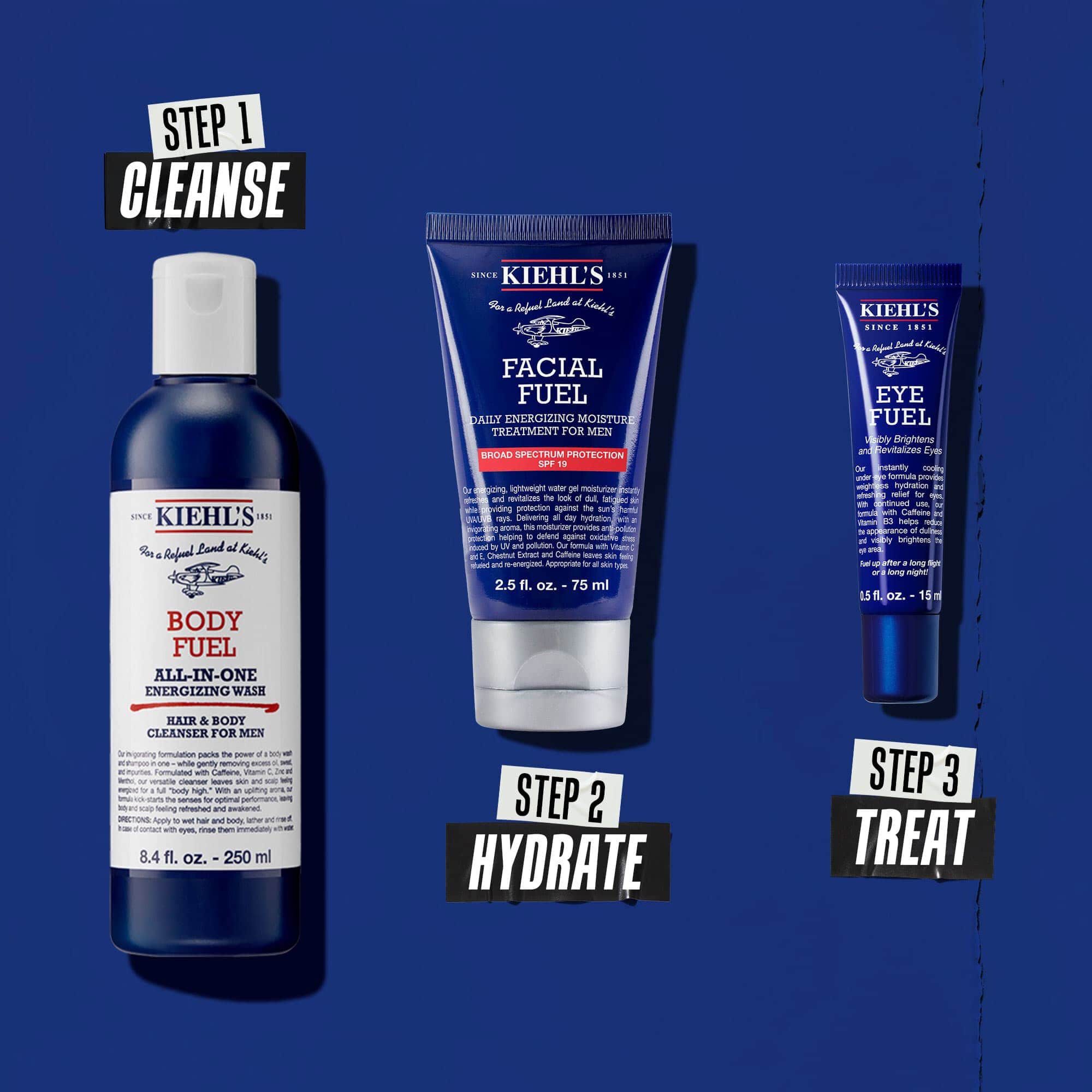 Рутина Body Fuel в три стъпки: 1: Измиване. 2: Хидратация с Facial Fuel Treatment. 3: Околоочен крем Facial Fuel Eye Fuel.