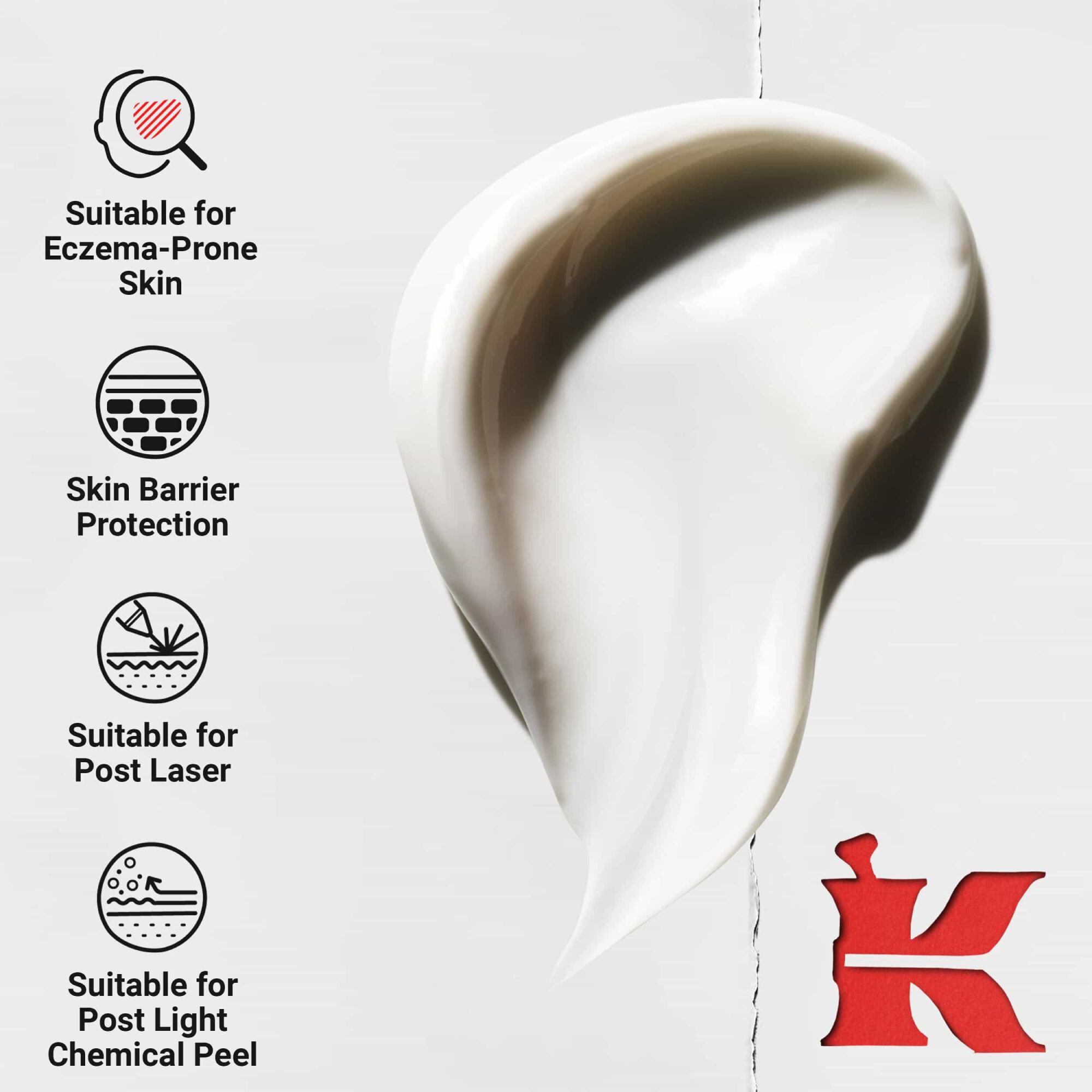 Динамичен водовъртеж от плътен крем; икони подчертават предимствата: подходящ за кожа, склонна към екзема, защита на кожната бариера, след лазер и след лек химичен пилинг.