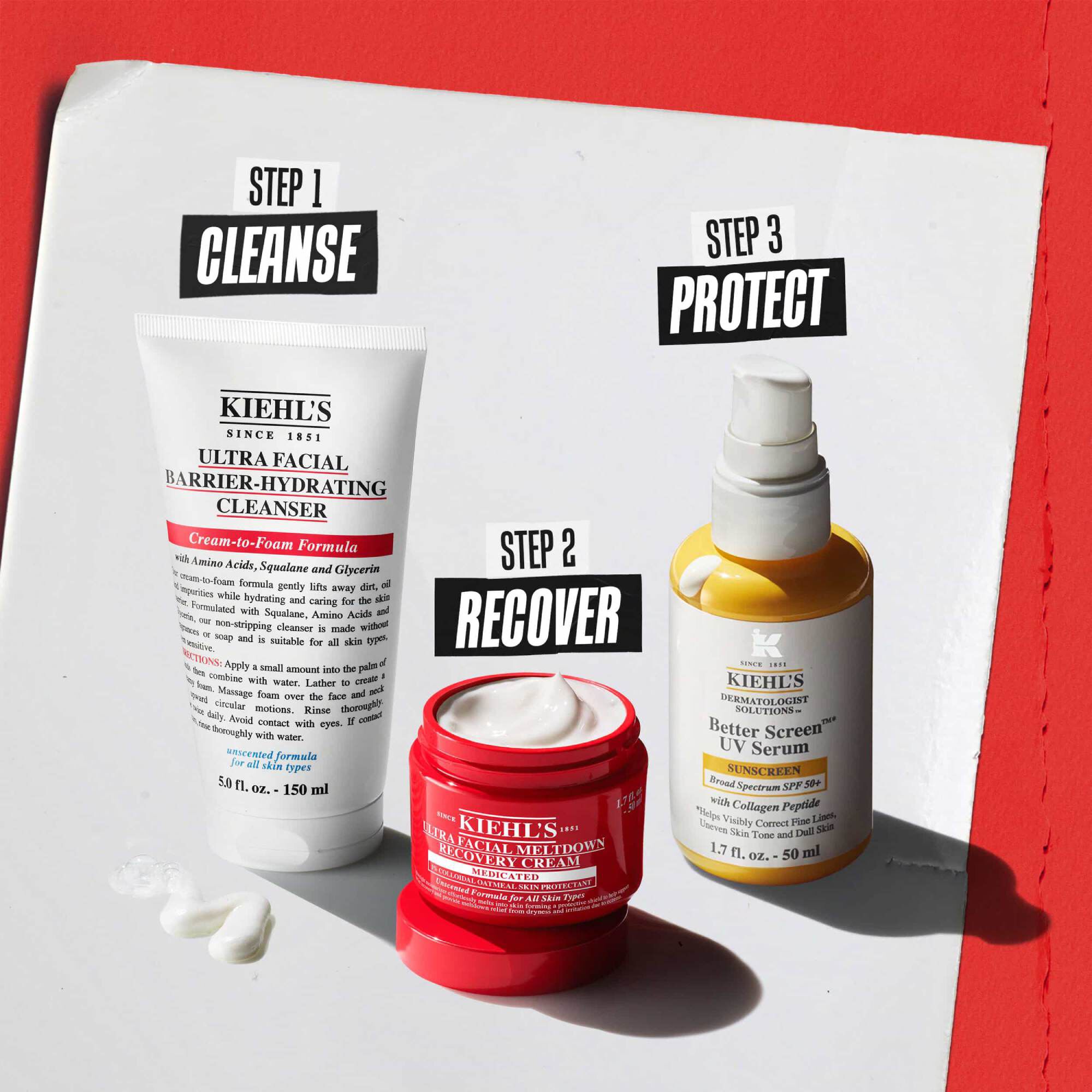 Три продукта на Kiehl’s: Стъпка 1 Почистване (Barrier-Hydrating Cleanser), Стъпка 2 Възстановяване (Meltdown Recovery Cream) и Стъпка 3 Защита (Better Screen UV Serum).