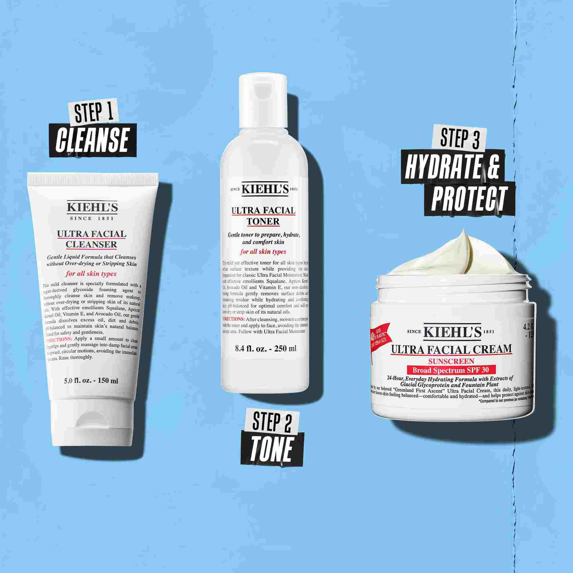 Рутина в три стъпки с продукти на Kiehl's. Стъпка 1: Ultra Facial Cleanser. Стъпка 2: Ultra Facial Toner. Стъпка 3: Ultra Facial Cream SPF 30.
