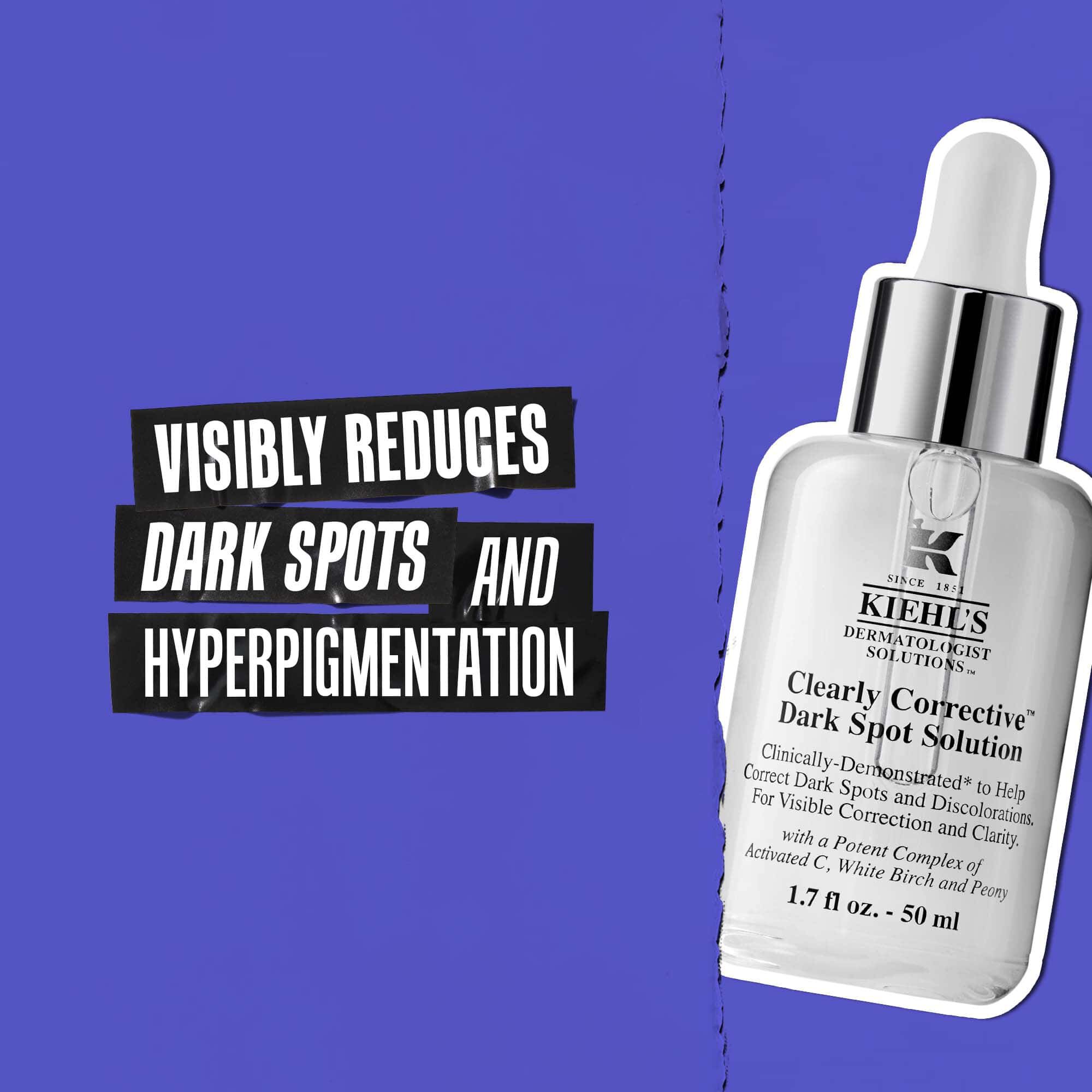 Бутилка Clearly Corrective Dark Spot Solution с текст: Видимо намалява тъмните петна и хиперпигментацията.