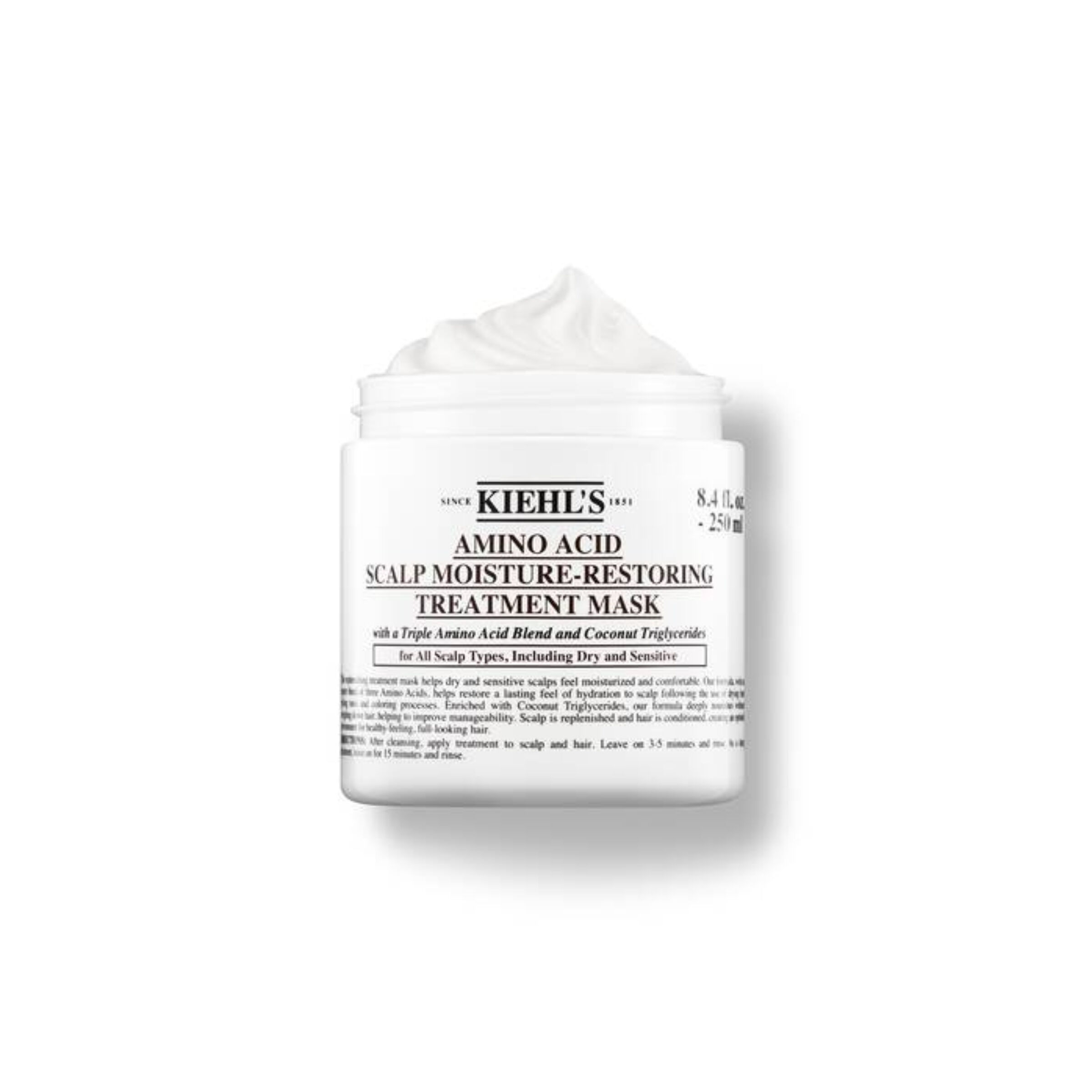 A graphic featuring an open white jar of Kiehl's Amino Acid Scalp Moisture-Restoring Treatment Mask, with a visible white creamy product inside. 