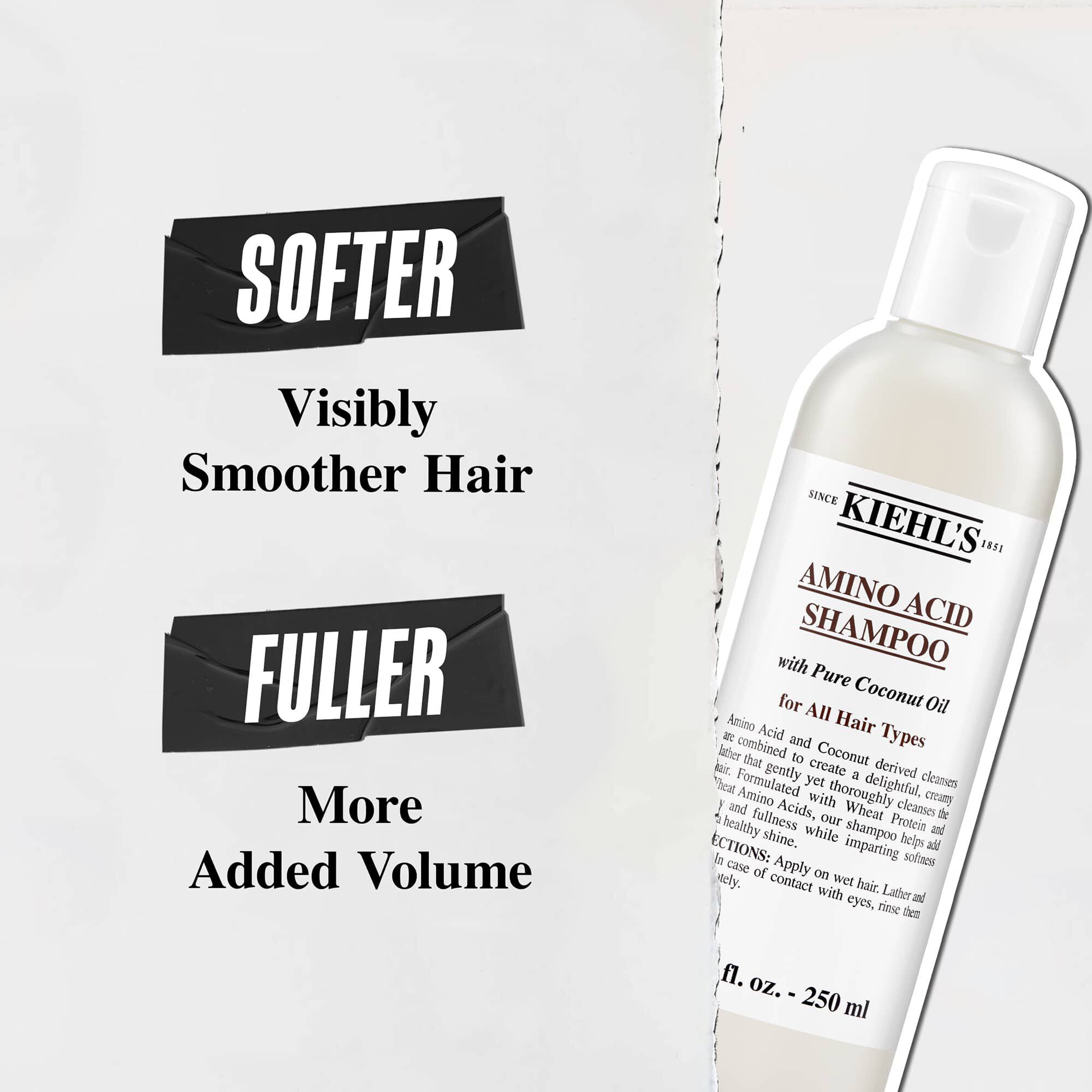 Бутилка шампоан Kiehl's Amino Acid Shampoo с предимства: „По-мека, видимо по-гладка коса“ и „По-плътна коса с повече обем“