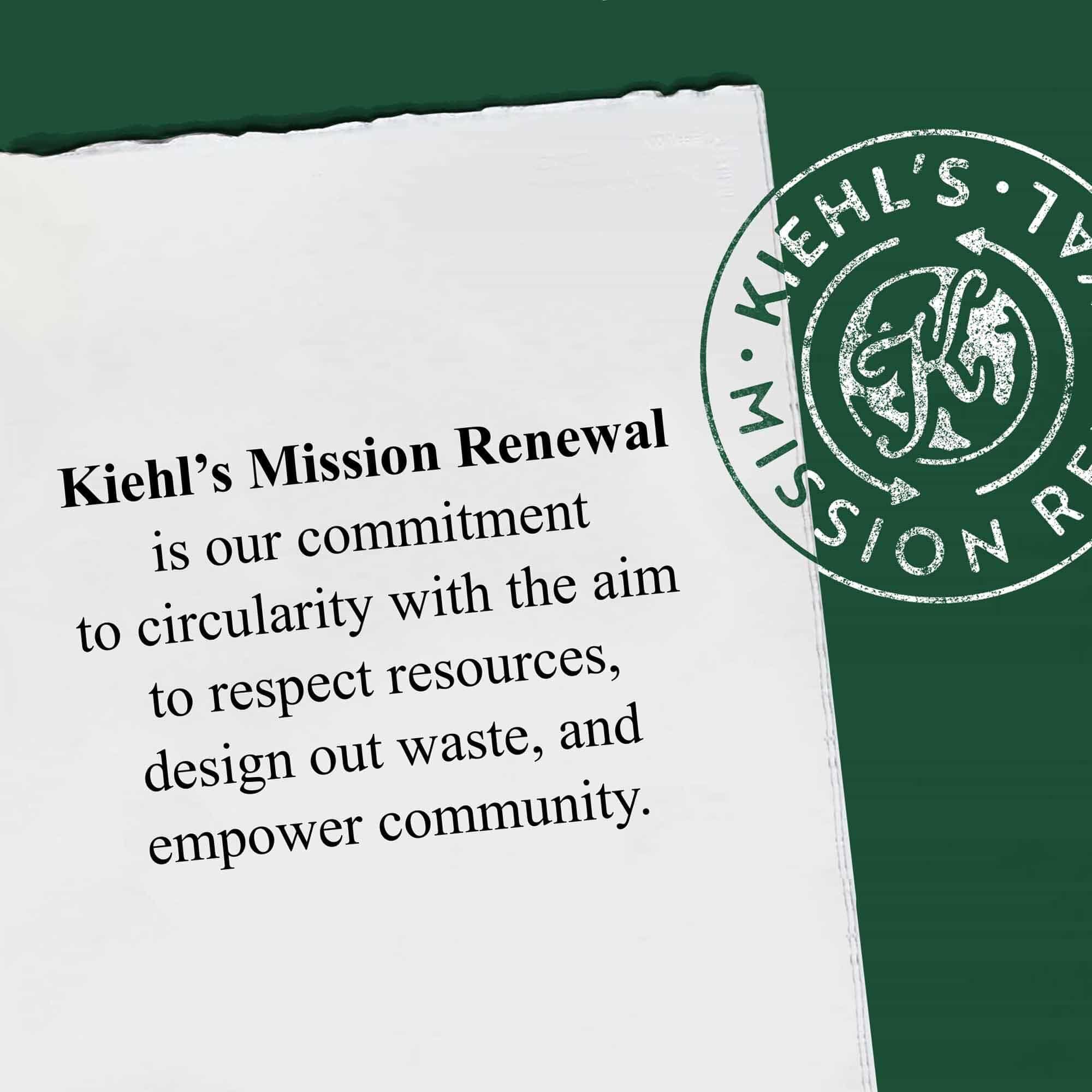 Графика, обобщаваща Kiehl's Mission Renewal, с текст за овластяване на общностите и опазване на ресурсите.