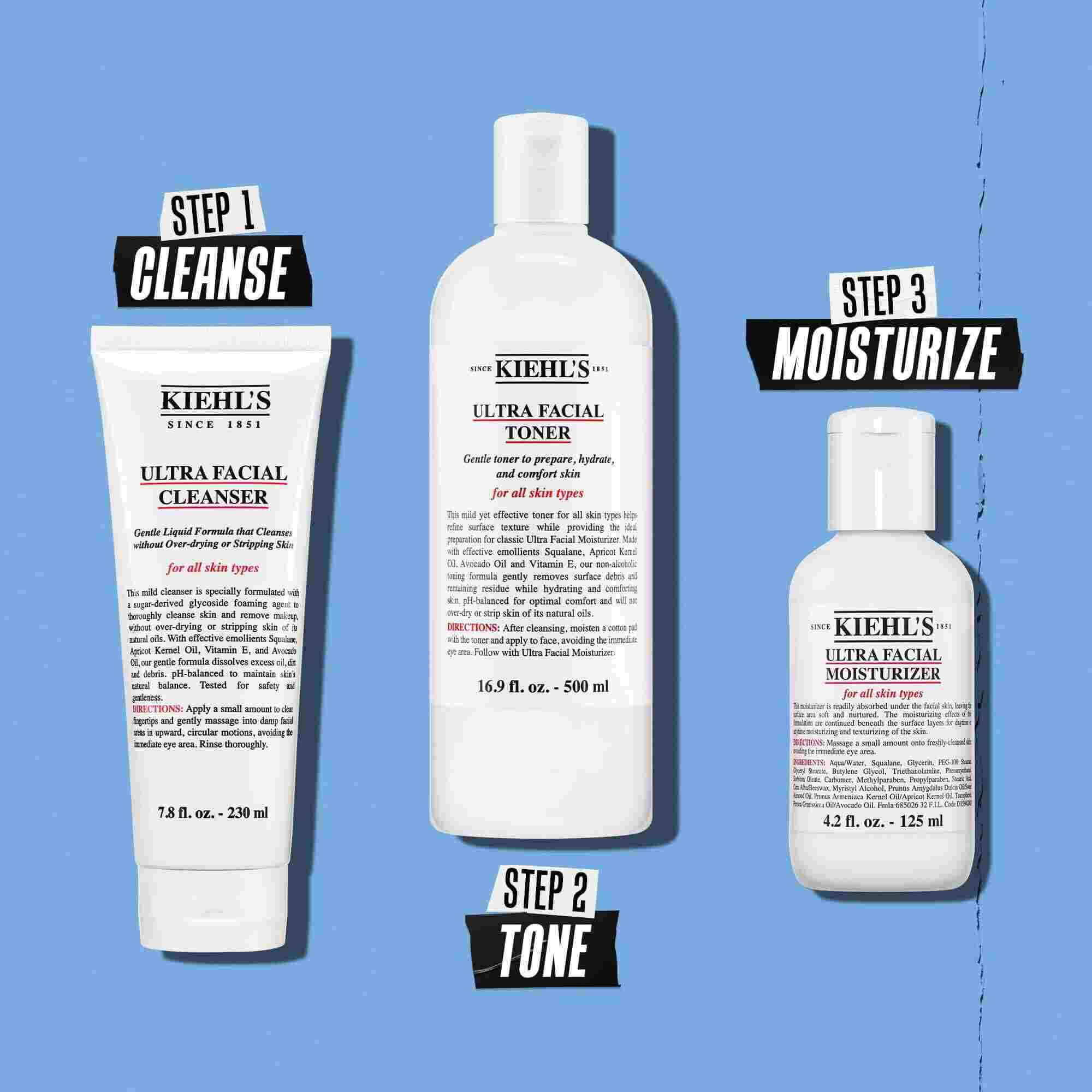 Илюстрация на рутината с Kiehl's Ultra Facial Moisturizer – почистване, тонизиране, овлажняване