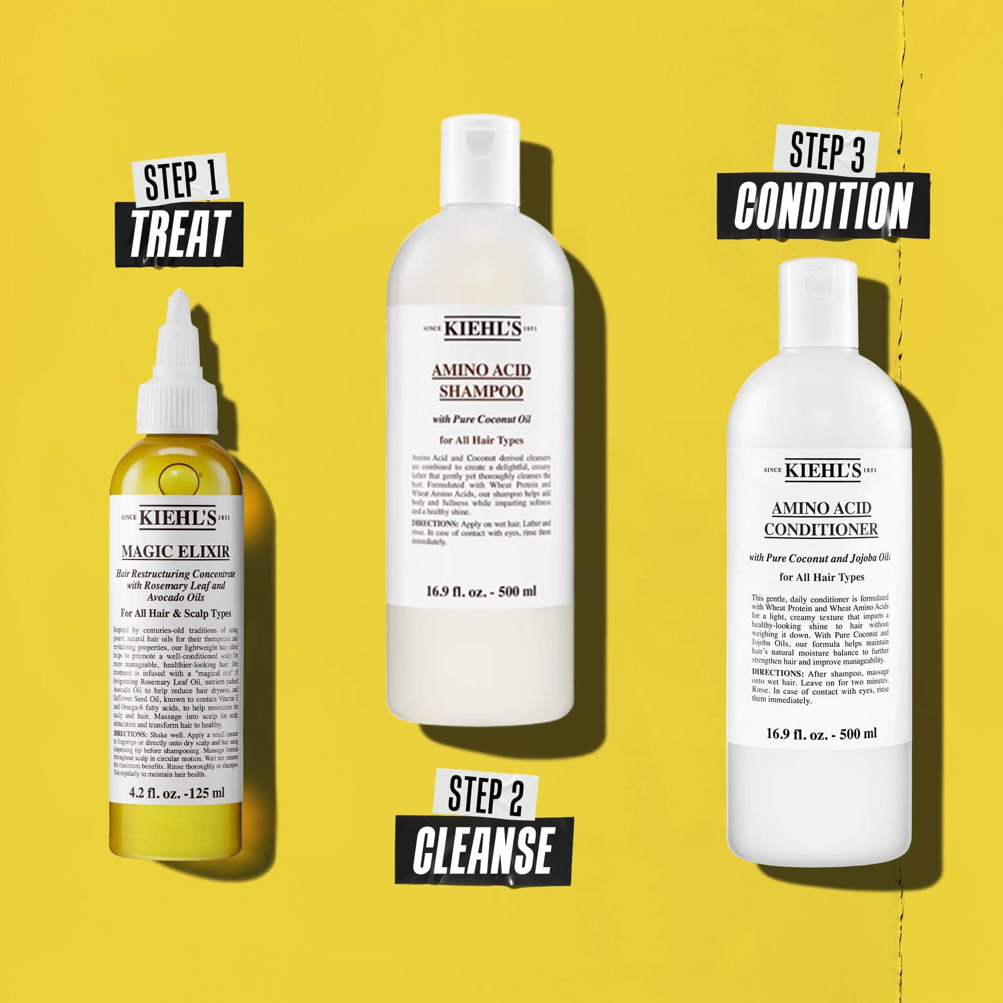 Рутина за коса в три стъпки с продукти на Kiehl's. Стъпка 1: Magic Elixir Hair Oil. Стъпка 2: Amino Acid Shampoo. Стъпка 3: Amino Acid Conditioner. Текстът обозначава всяка стъпка съответно като „Третиране“, „Почистване“ и „Подхранване“.